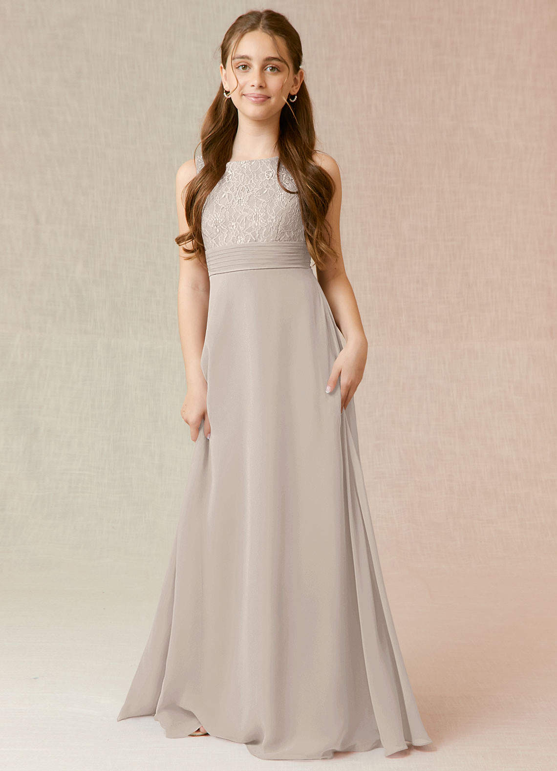 Azazie Snow Junior Abito A-Line in Chiffon Pizzo Gelo image1