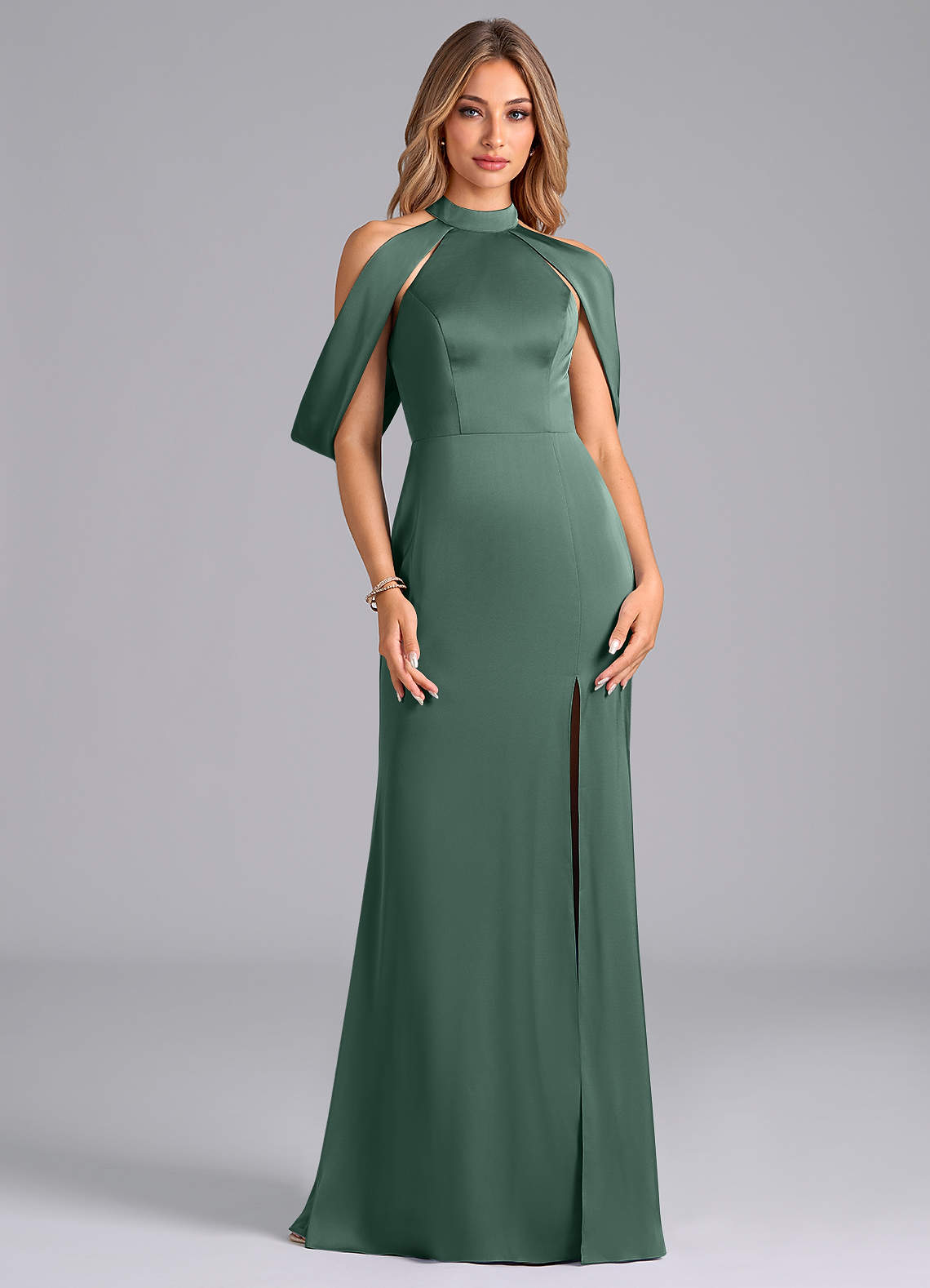 Azazie Bonny At-home Try On Dresses Eucalyptus Mermaid Off the Shoulder Stretch Satin Dress image1