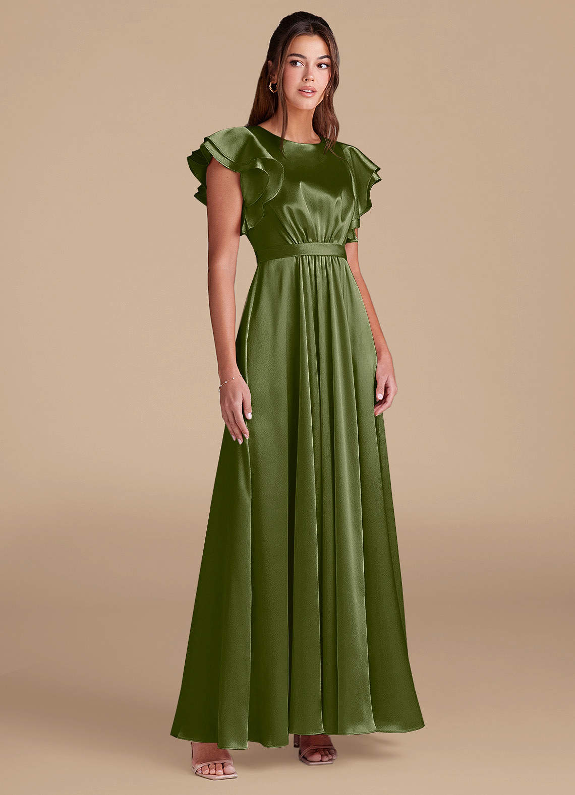 Azazie Daphne Modest Bridesmaid Dresses A-Line Ruched Metallic Satin Floor-Length Dress image3