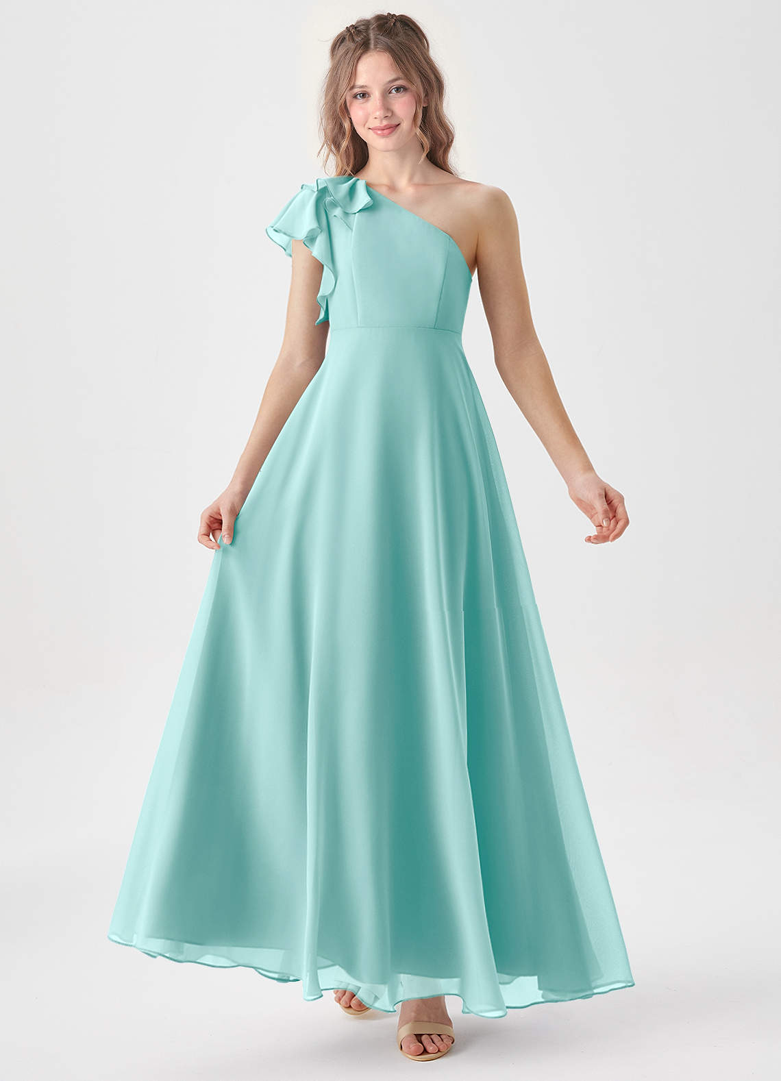 Azazie Arabella Junior Abito A-Line in Chiffon Increspato Acqua image1