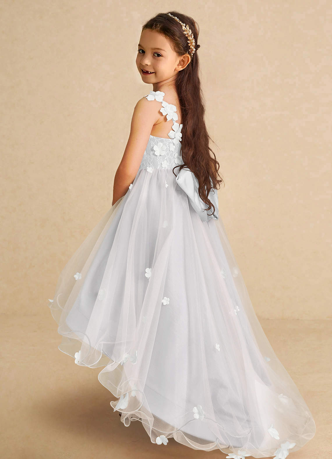 Azazie Celia Flower Girl Dresses Diamond White A-Line Lace Tulle Dress image1