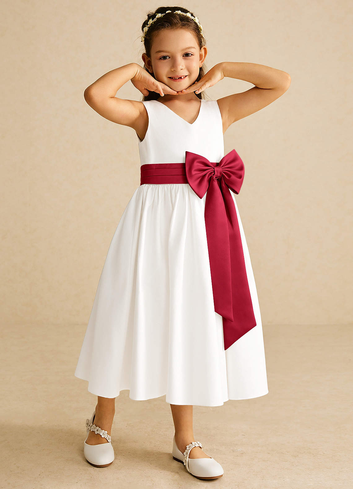 Azazie Darling Flower Girl Dresses Ivory Scarlet A-Line Bow Cotton Dress image1