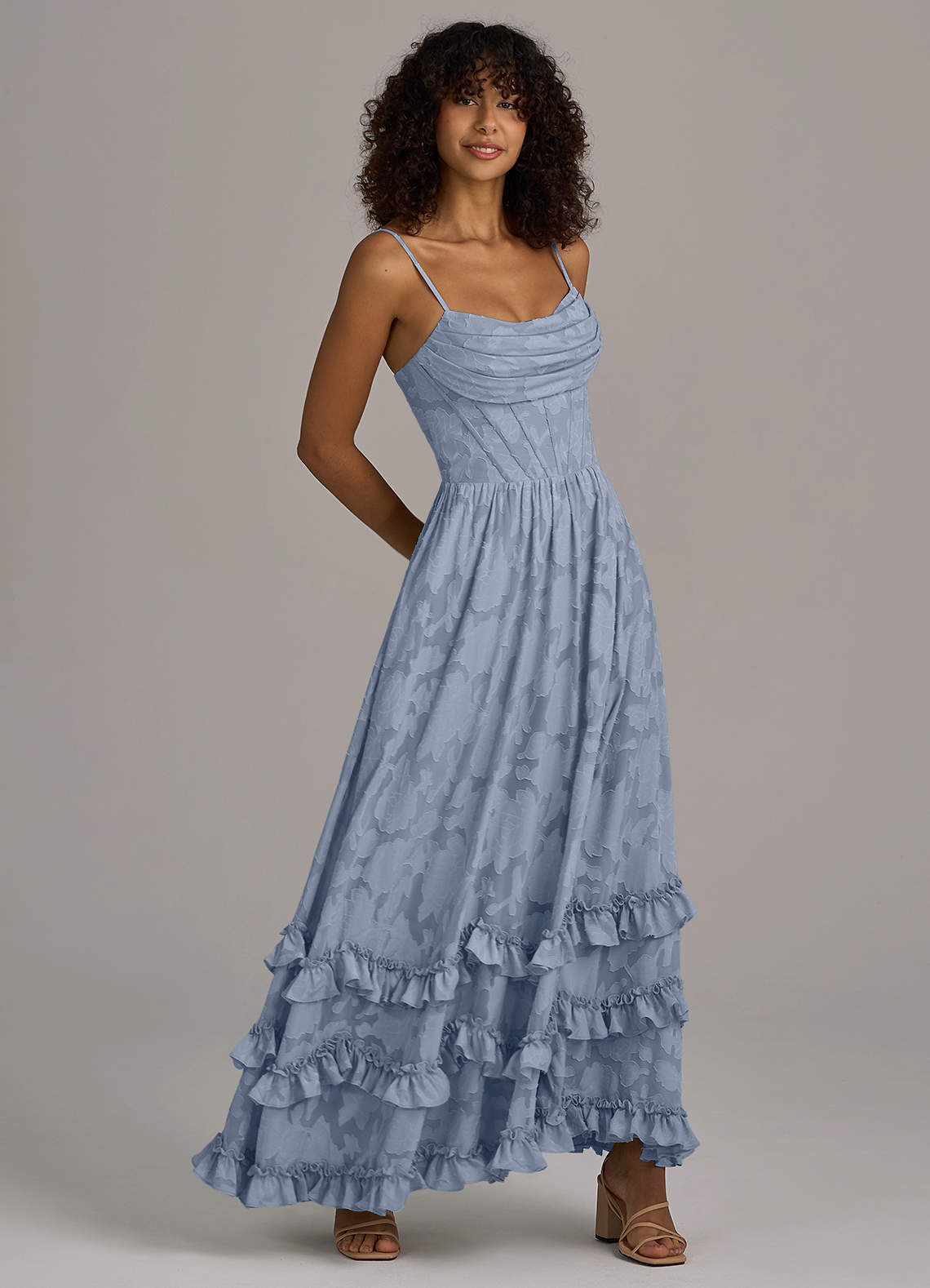 Azazie Lettie Dusty Blue Floral Burnout Bridesmaid Dresses | Azazie