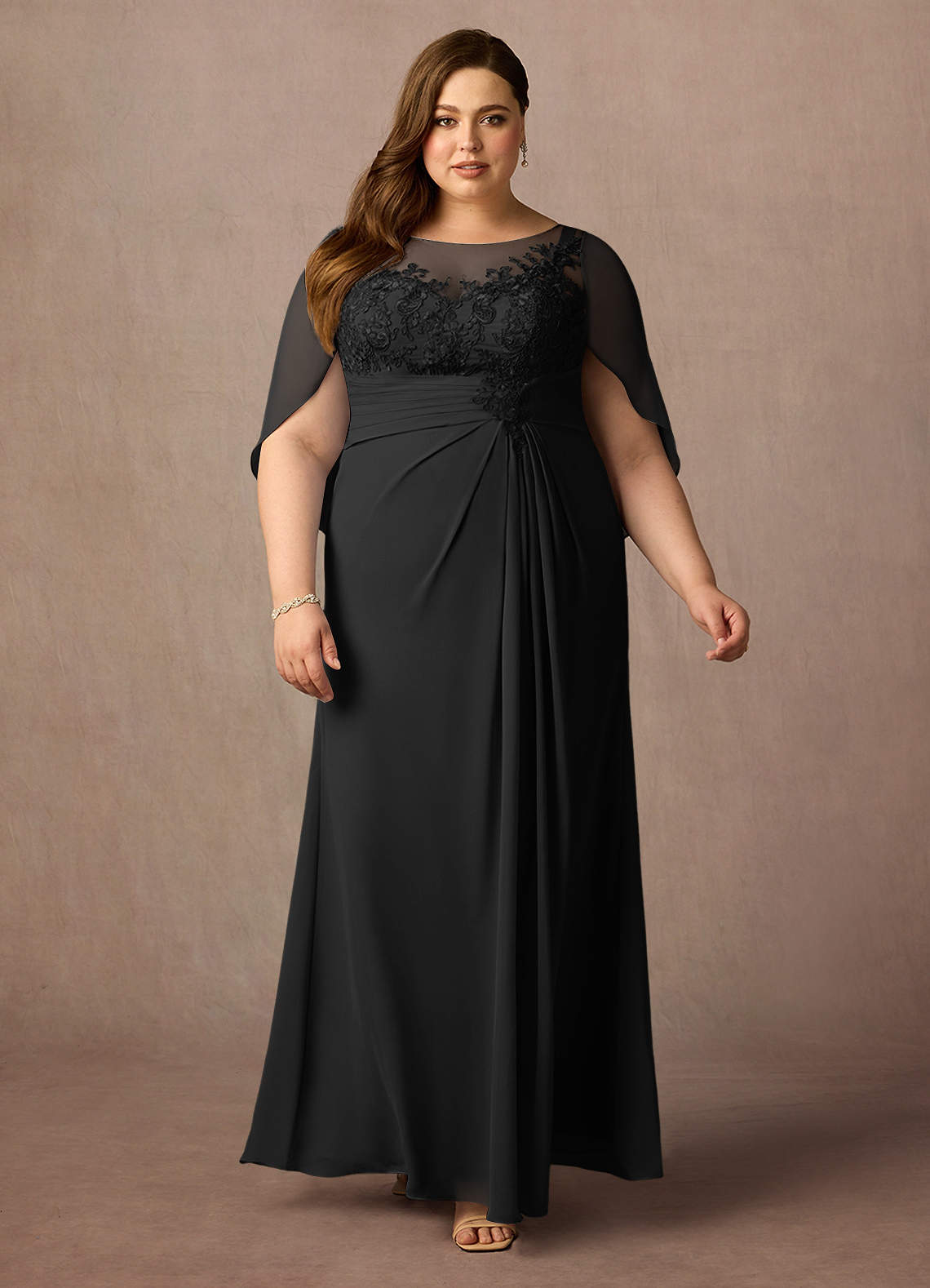 Azazie Hera Mother of the Bride Dresses Black A-Line Lace Capelet Chiffon Dress image5