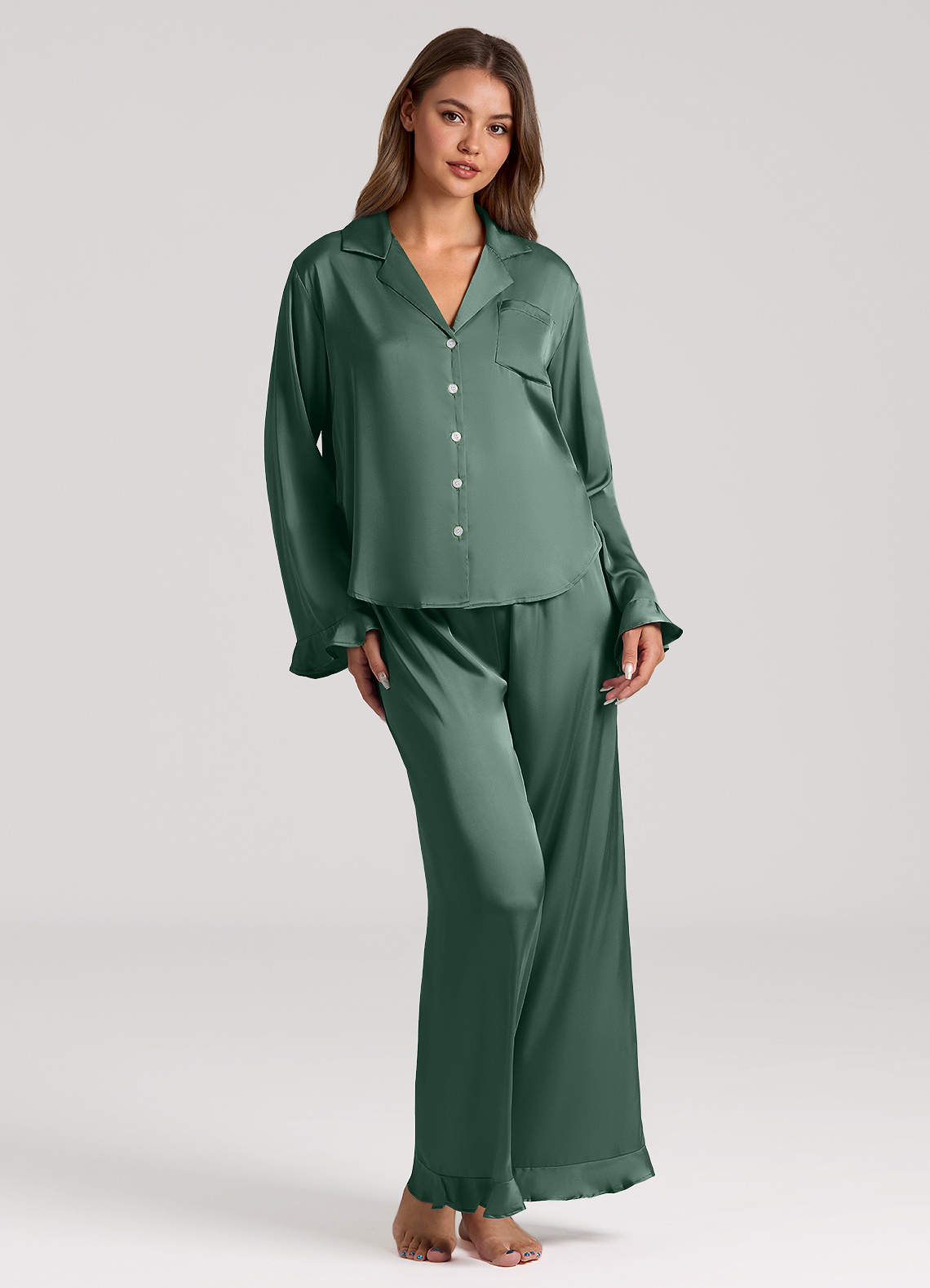 front Ruffled Satin Long Sleeve Pajama Set