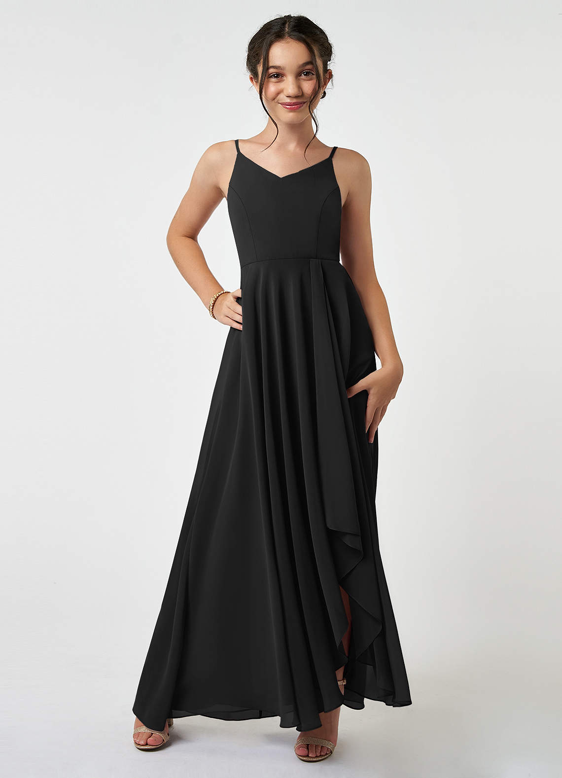 Azazie Collette Junior A-Linie Gestreift Chiffon Kleid Schwarz image1