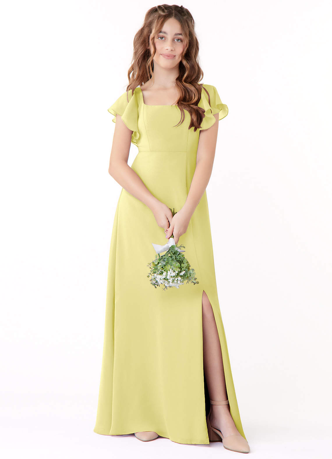 Azazie Bondi Junior Lemon Sorbet A-Line Bow Chiffon Dress image1