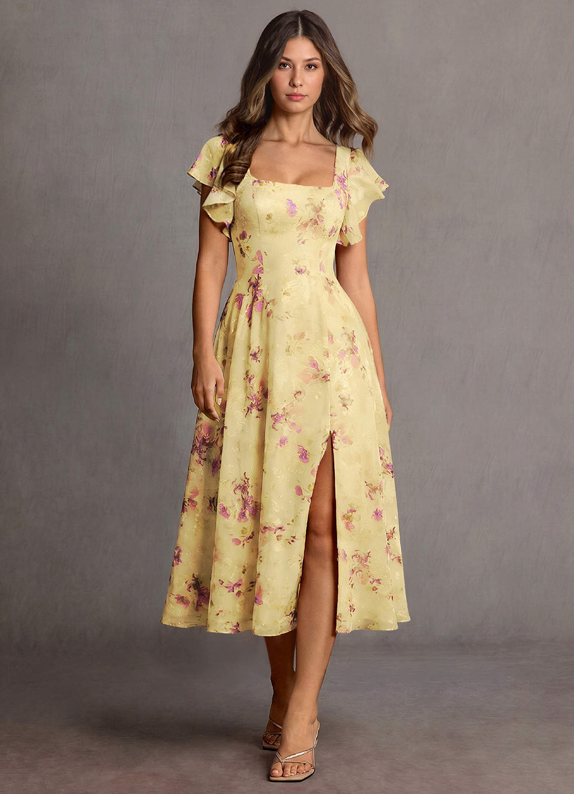 pastel yellow midi dress with sleeves Halle Light Yellow Midi Dress