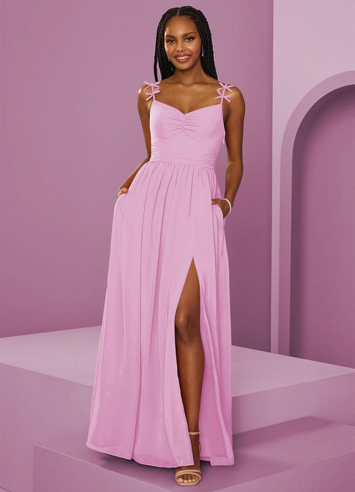 Barbie ♥ Azazie Bridesmaid Dresses Candy Pink A-Line Pleated Chiffon Dress image1