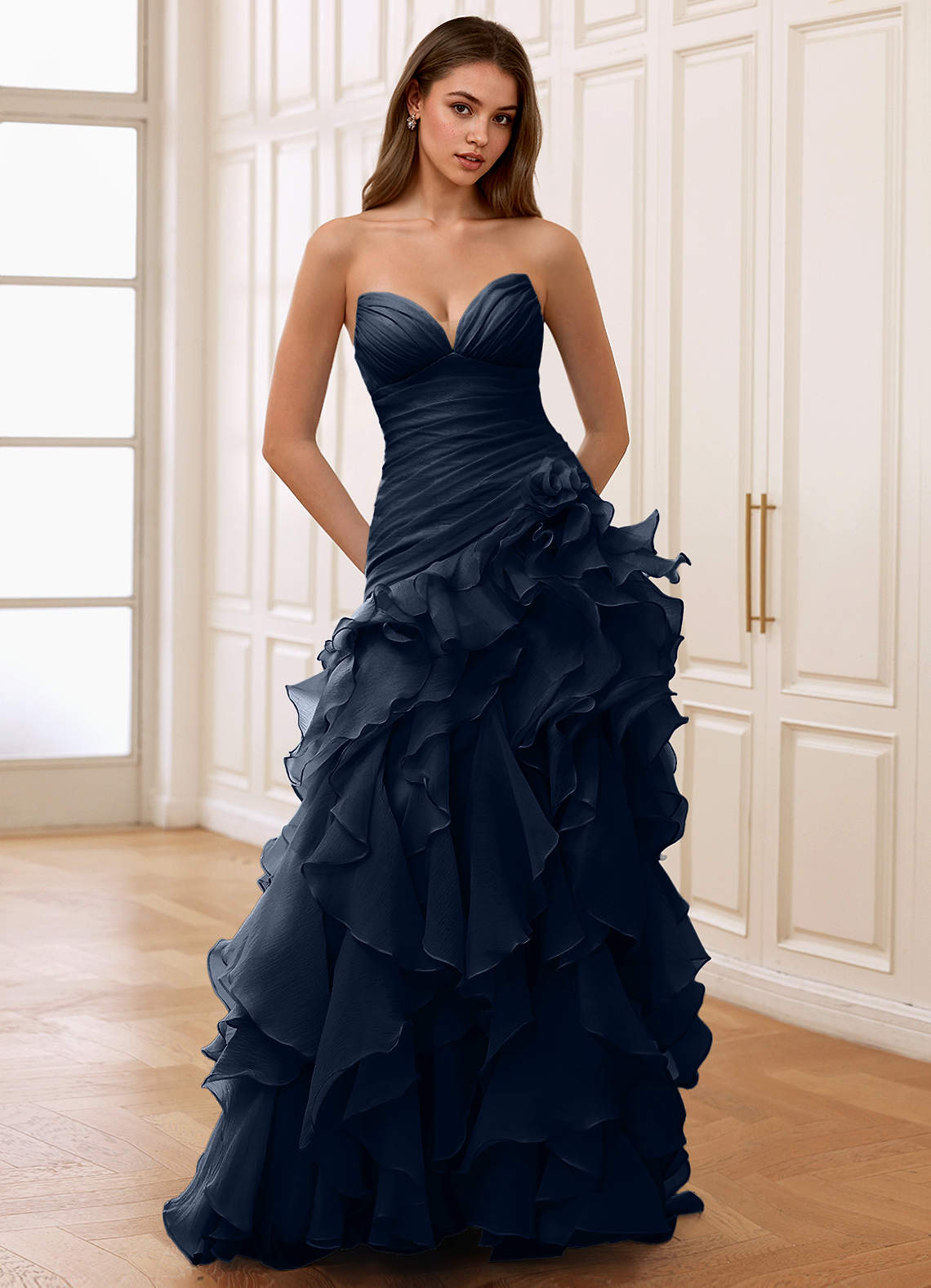 Christabelle Navy Blue Sweetheart Ruffled Chiffon Dress | Azazie CA