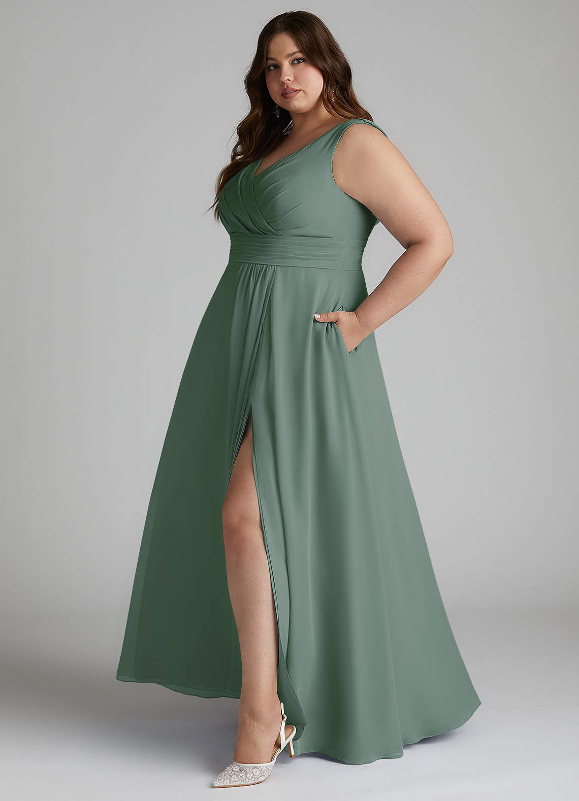 Azazie A-Line V-Neck Floor-Length Chiffon Bridesmaid Dresses - Eucalyptus Azazie A-Line V-Neck Floor-Length Chiffon Bridesmaid Dresses - Eucalyptus