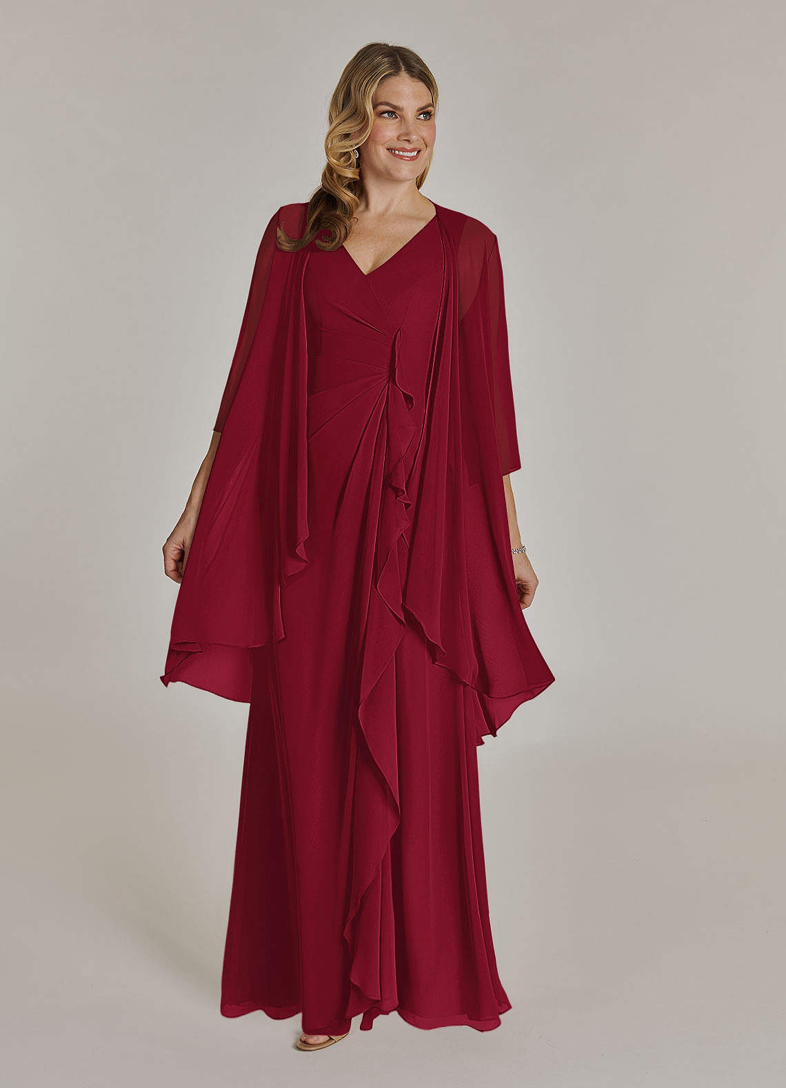 Azazie Manuella Mother of the Bride Dresses Burgundy A-Line V-Neck Pleated Chiffon Dress image1