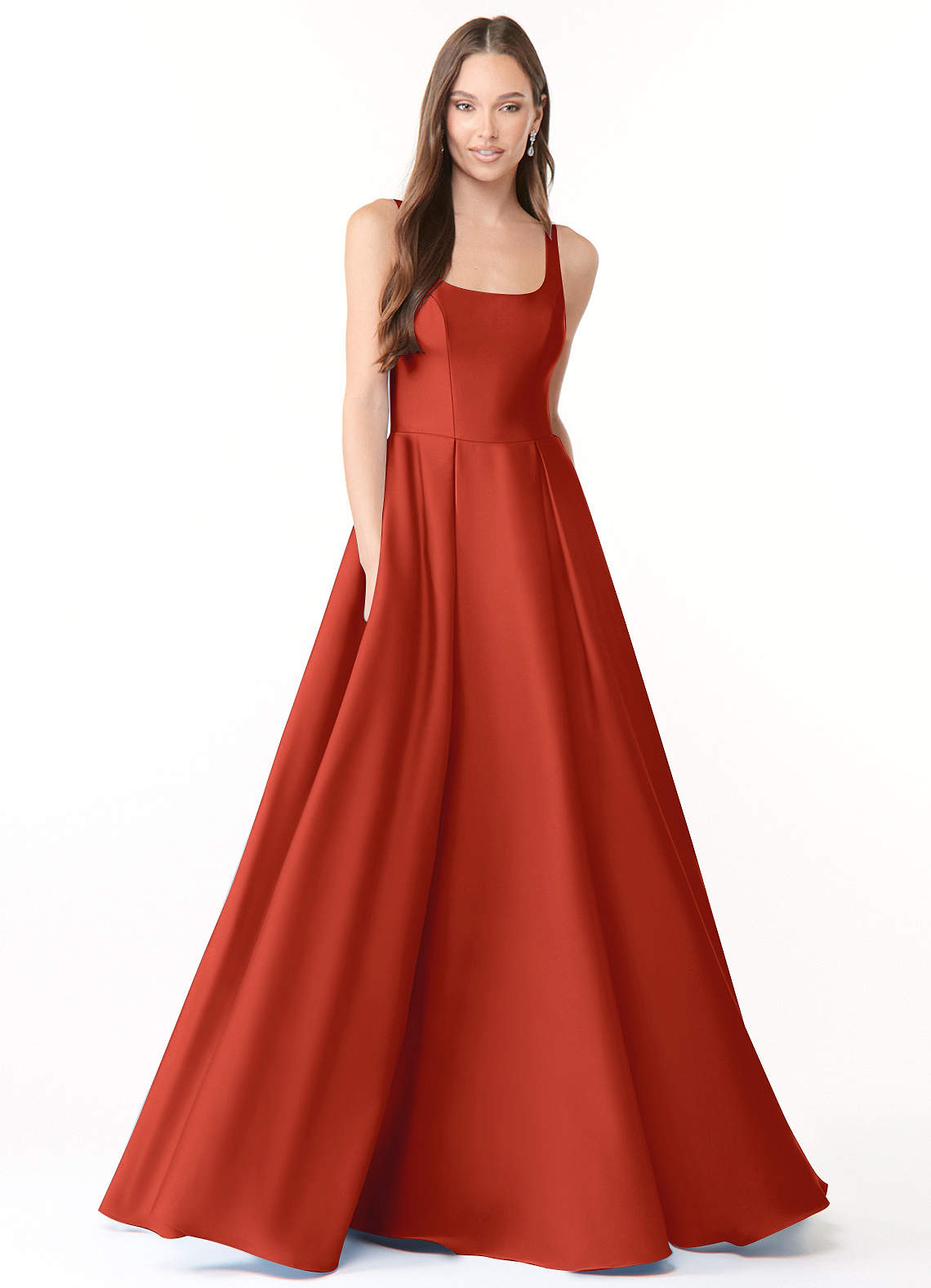 Azazie Neve Bridesmaid Dresses Rust Ball-Gown with Pockets Stretch Satin Dress image1