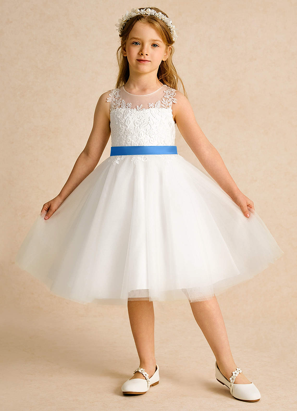 Azazie Lettie vestidos de niña de las flores Vestido de Marfil Azul Pastel de Encaje de Princesa image1