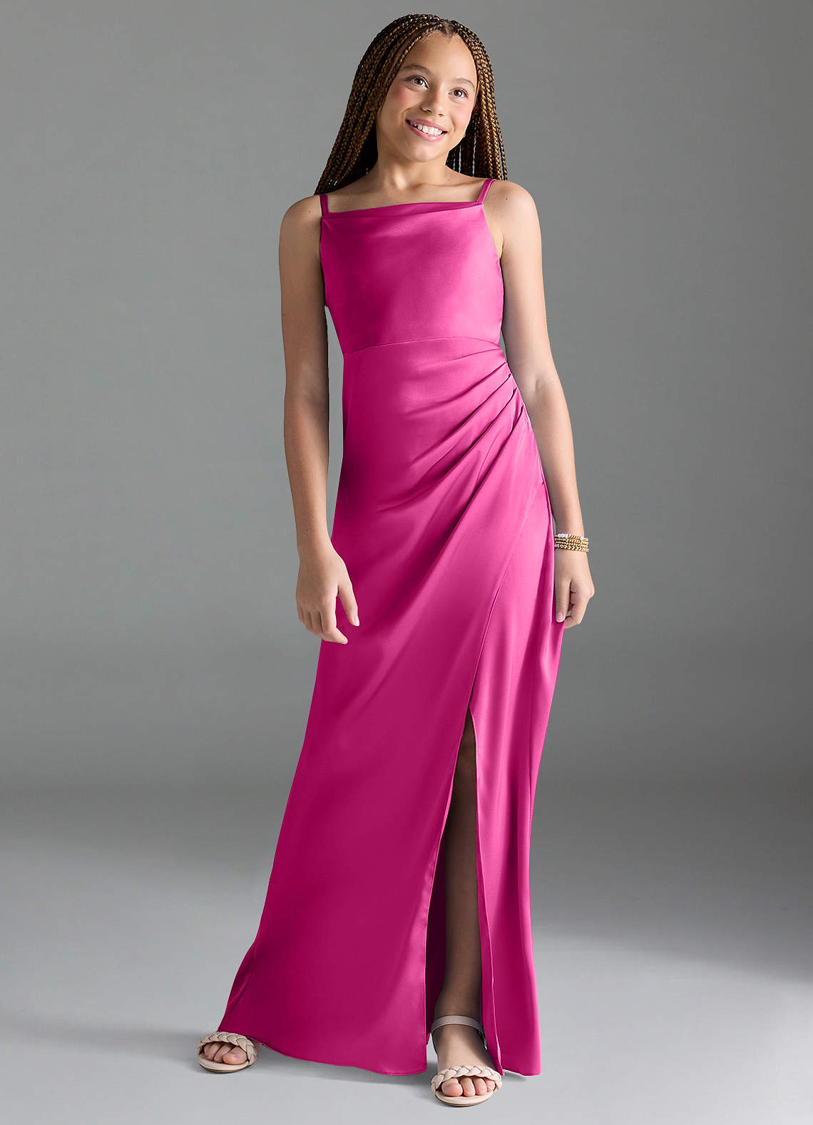 Azazie Leonis Junior Fuchsia A-Line Pleated Stretch Satin Dress image1