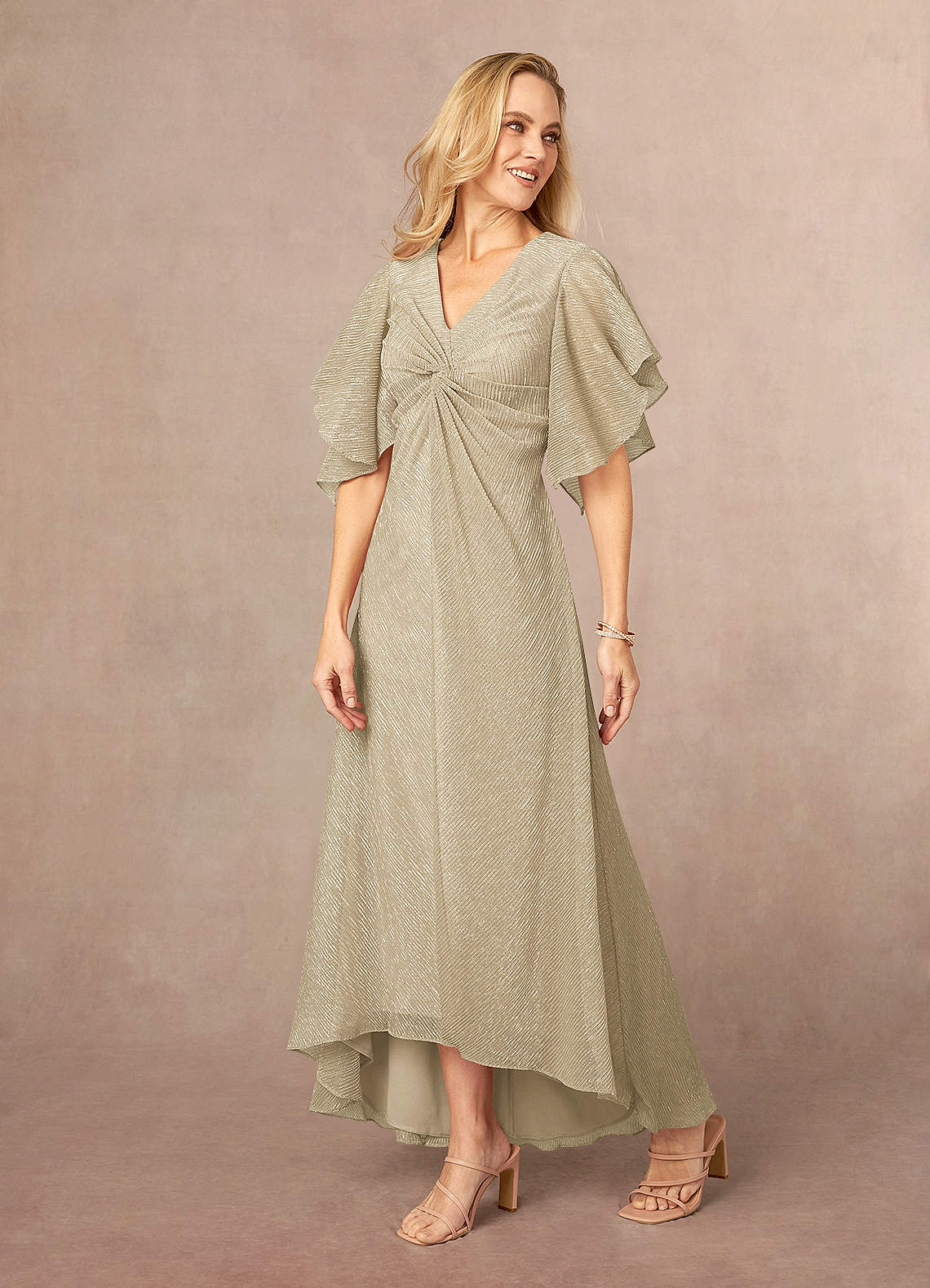 Azazie Mollina Champagne Gold A-Line Ruffle Flutter Sleeve Metallic Mesh  Dress Ready to Ship | Azazie