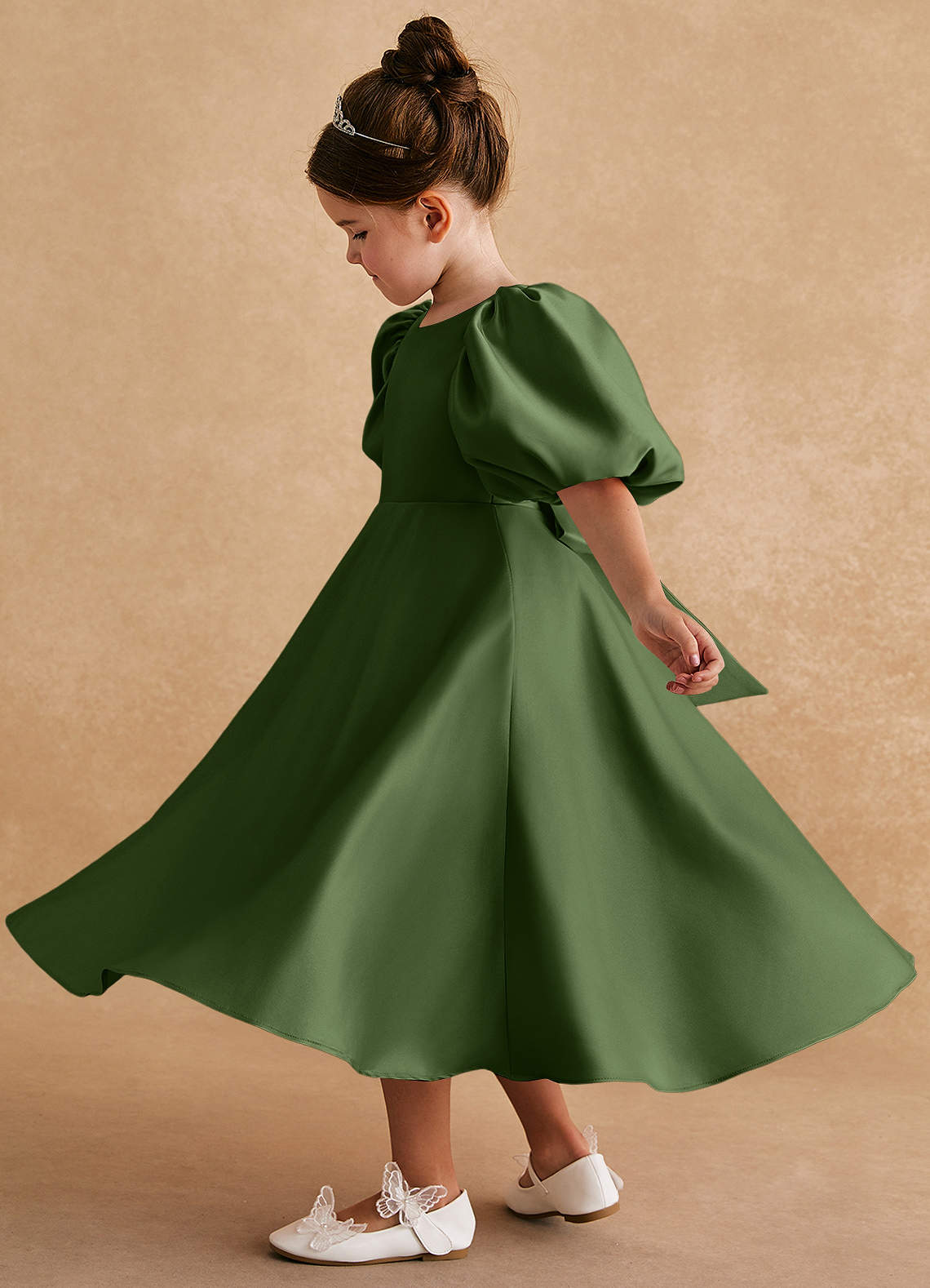 Azazie Sugarplum Robe Demoiselle D'honneur Fillette Robe Trapèze en Mat Satiné avec manches Olive image1