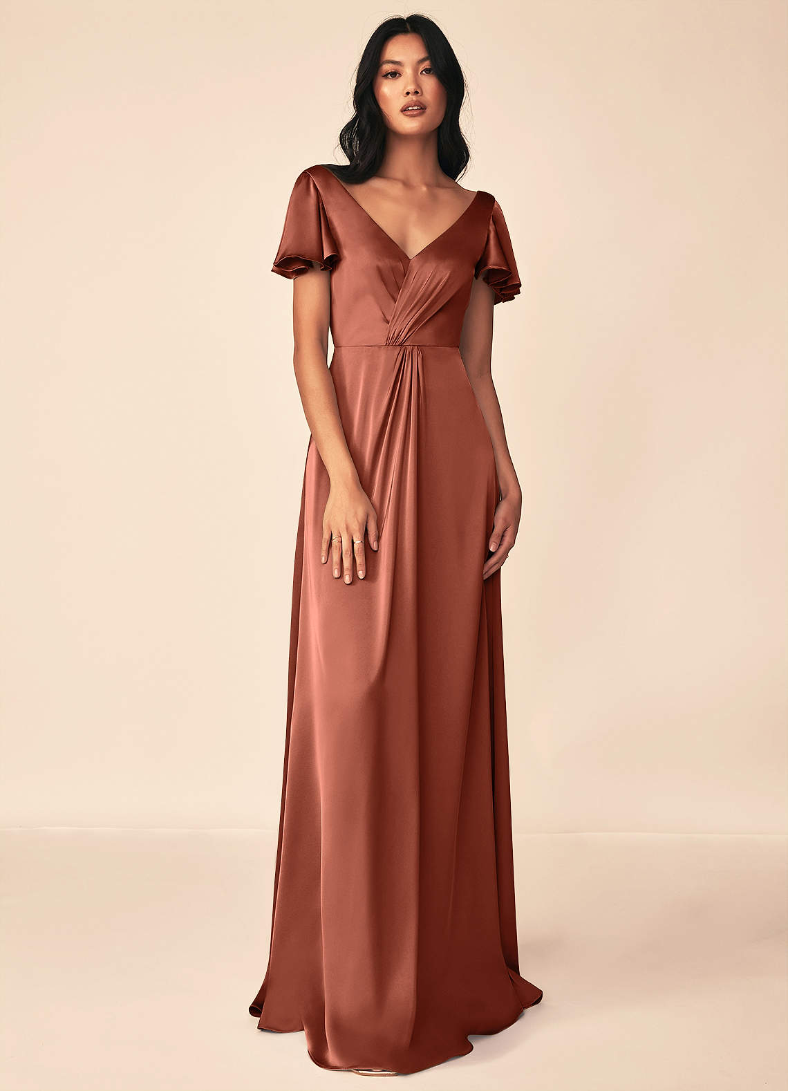 Azazie Soren Bridesmaid Dresses Clay A-Line Pleated Stretch Satin Dress image1