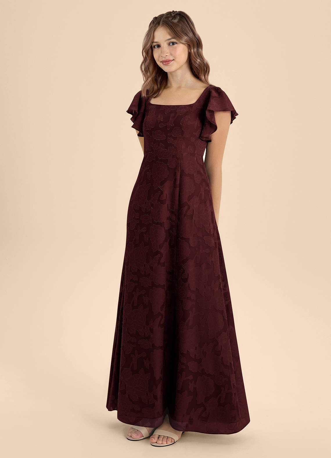 Azazie Bondi Junior Cabernet A-Line Bow Floral Burnout Dress image2