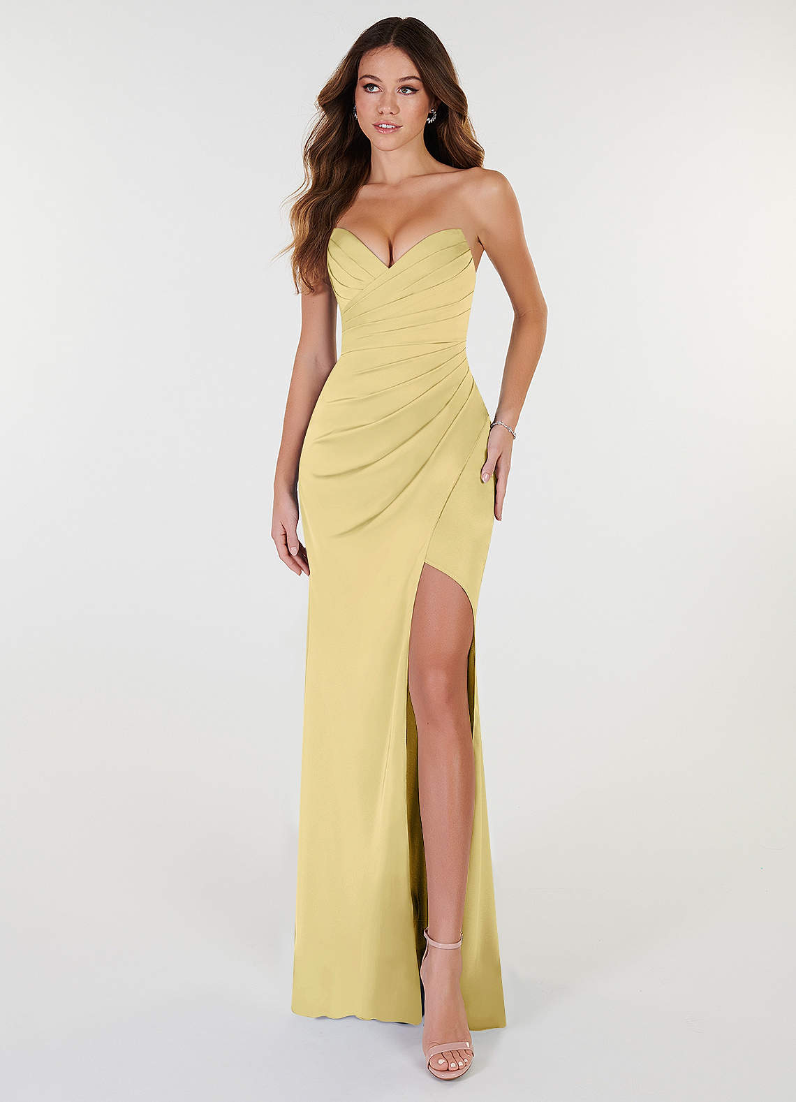 Azazie Yola Bridesmaid Dresses Lemon Sorbet Sheath V-Neck Pleated Stretch Satin Convertible Dress image1