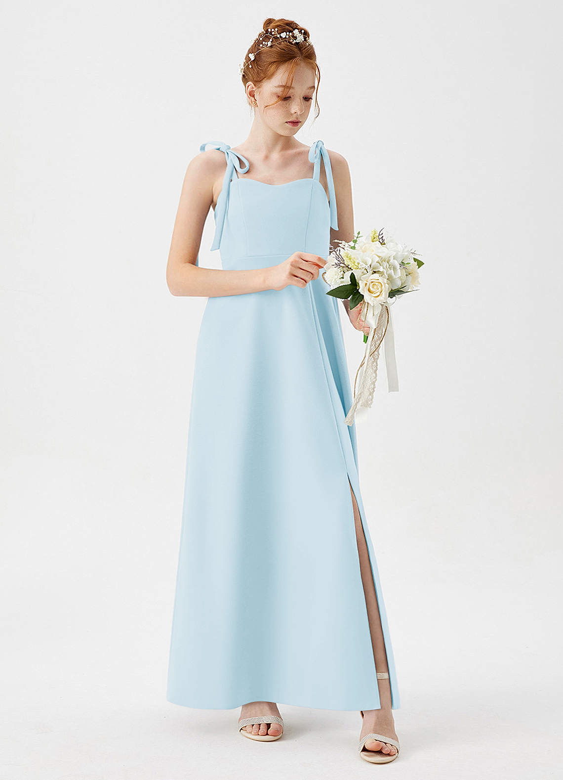 Azazie Rosey Junior Robe Trapèze en Crêpe Élastique Encolure en Forme de Cœur Bleu Ciel image1