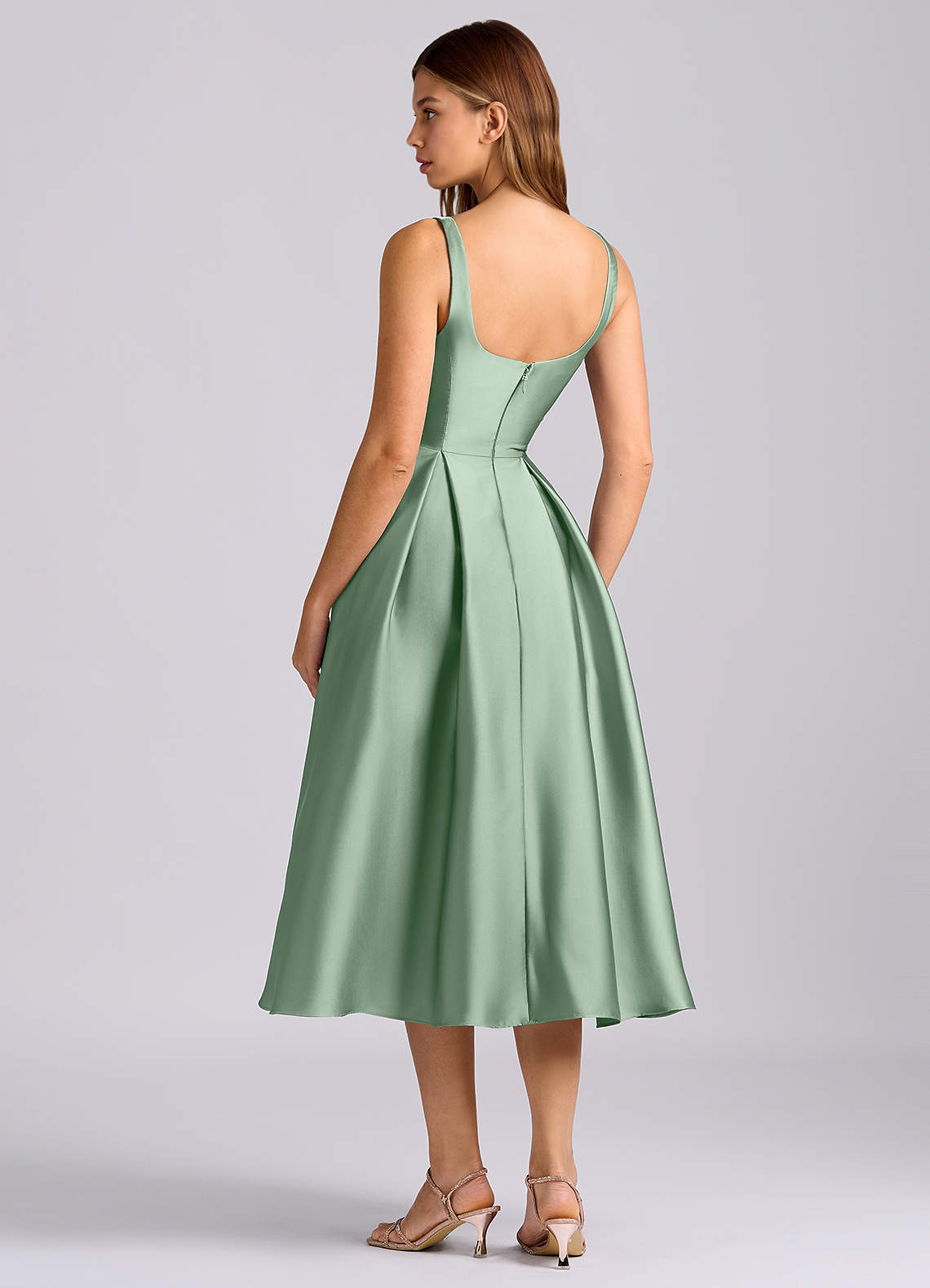 Azazie A-Line Square Neck Tea-Length Stretch Satin Bridesmaid Dresses - Agave