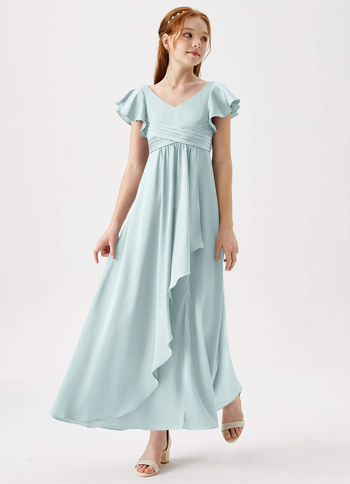 Azazie Omari Junior Mist A-Line Pleated Stretch Satin Dress image1