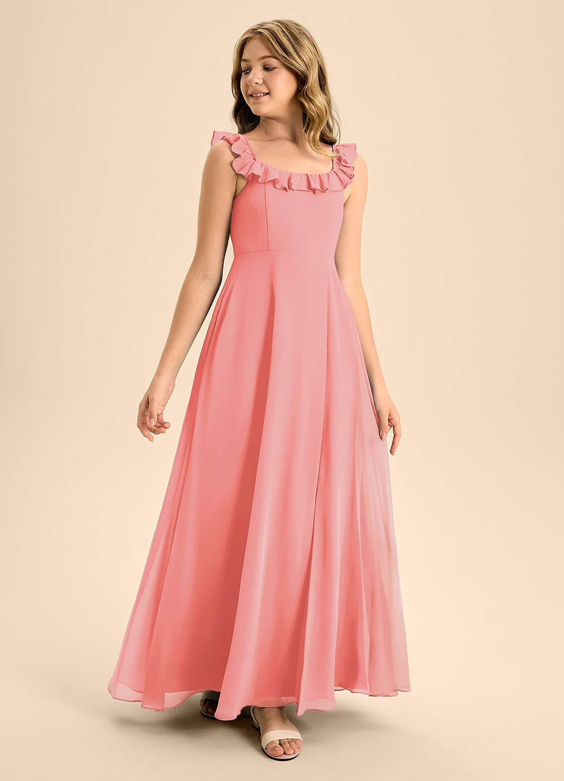 Azazie Callie Junior Abito A-Line in Chiffon Increspato Corallo image1