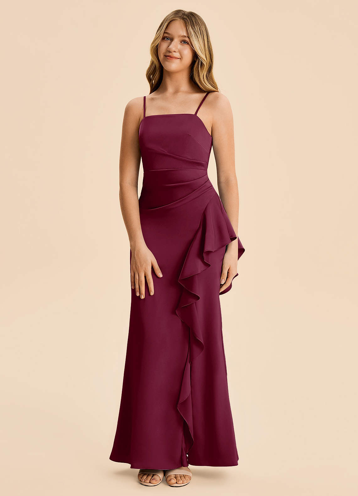 Azazie Lyla Junior Mulberry Mermaid Pleated Stretch Satin Dress image4