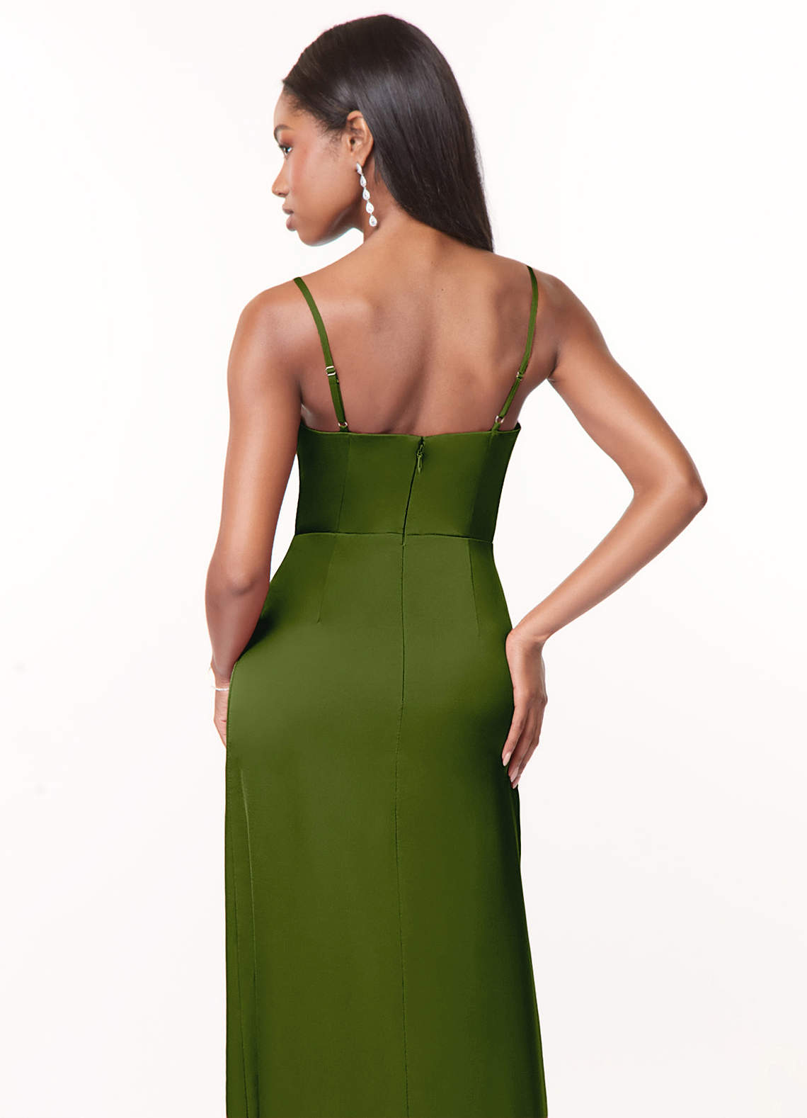 Azazie Maci Bridesmaid Dresses Juniper A-Line V-Neck Pleated Stretch Satin Dress image3