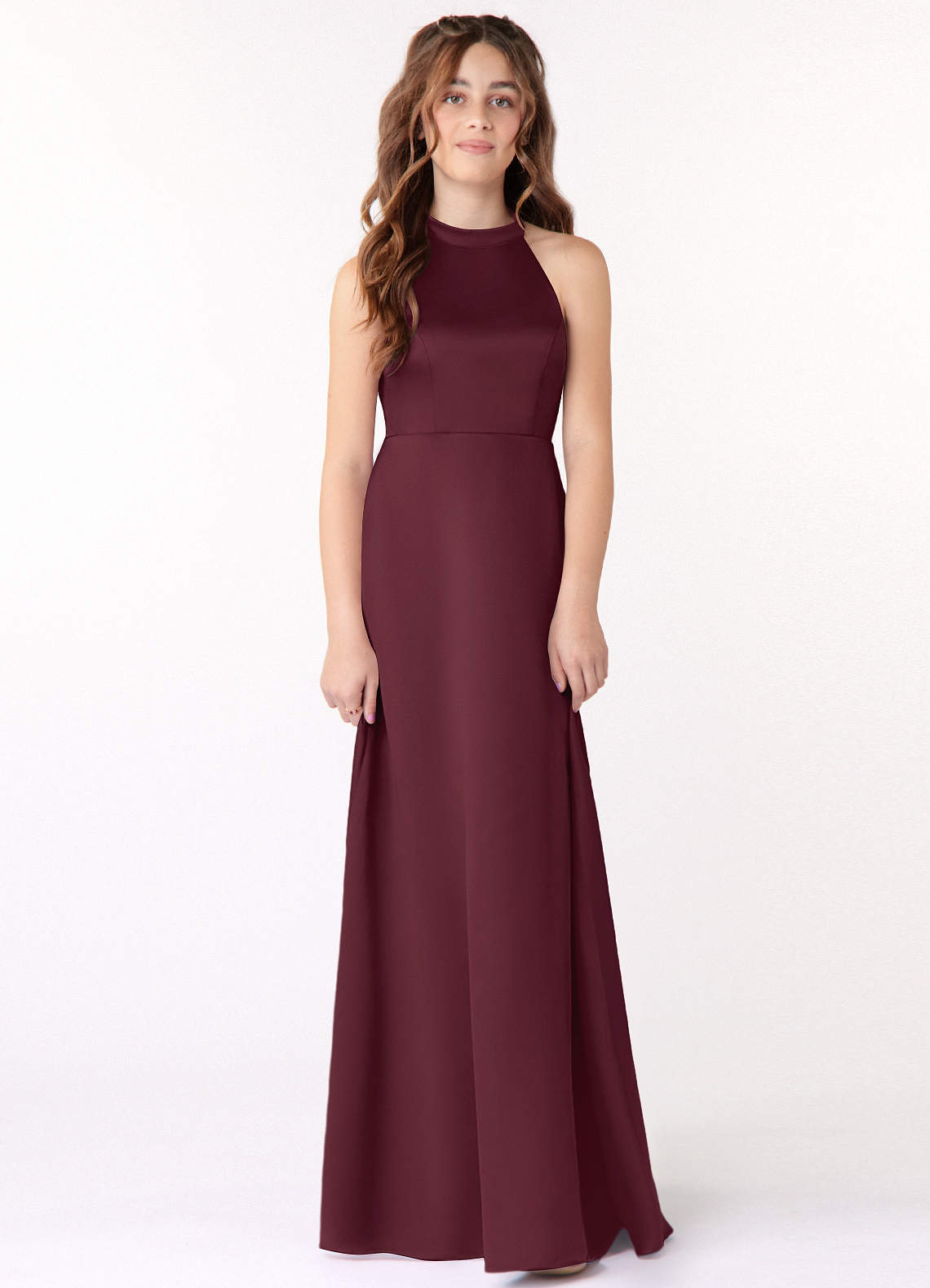 Azazie Laurel Junior Cabernet A-Line Matte Satin Dress image1
