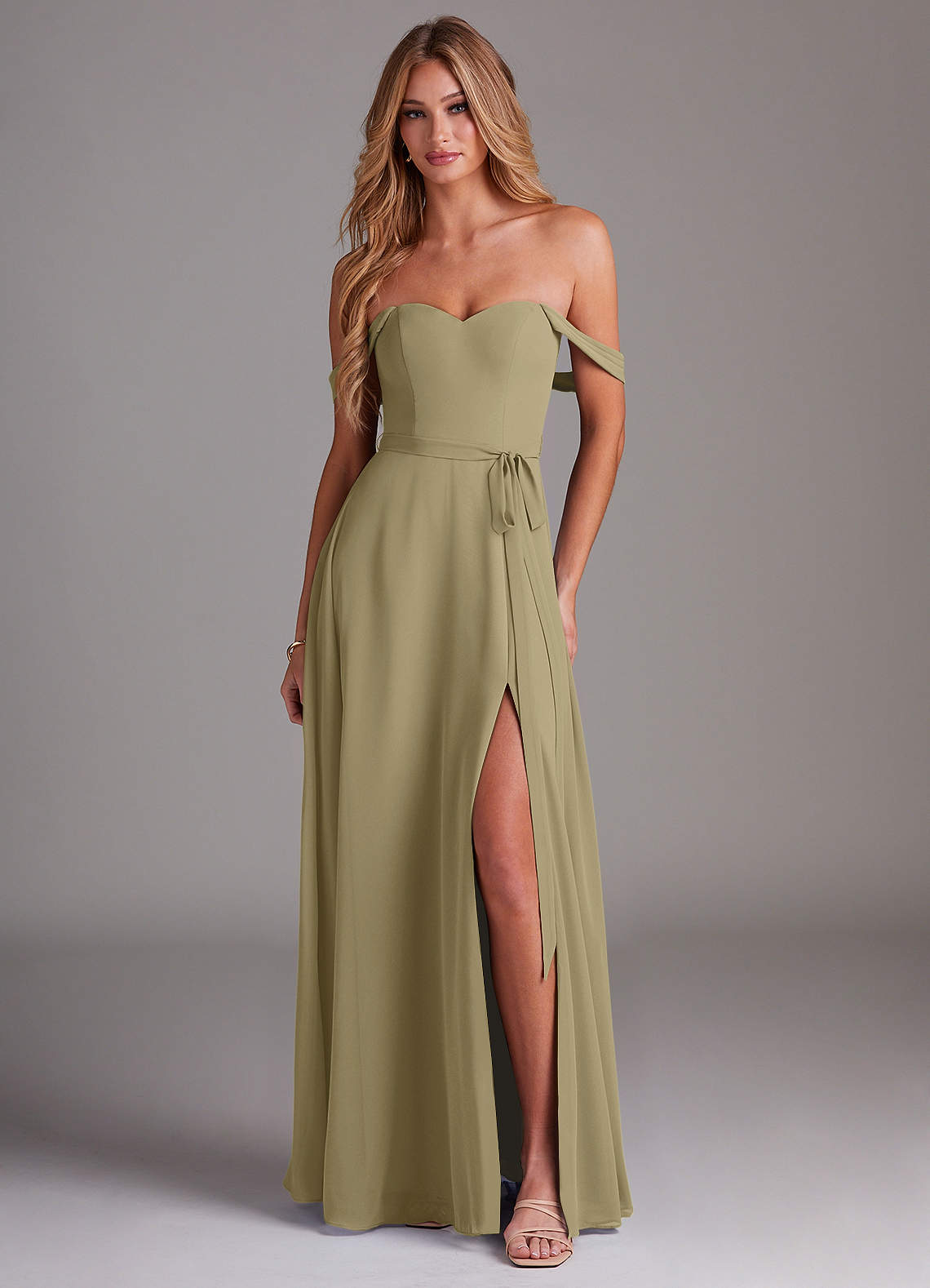 Azazie Aaron Bridesmaid Dresses Moss Green A-Line Off the Shoulder Chiffon Convertible Dress image1