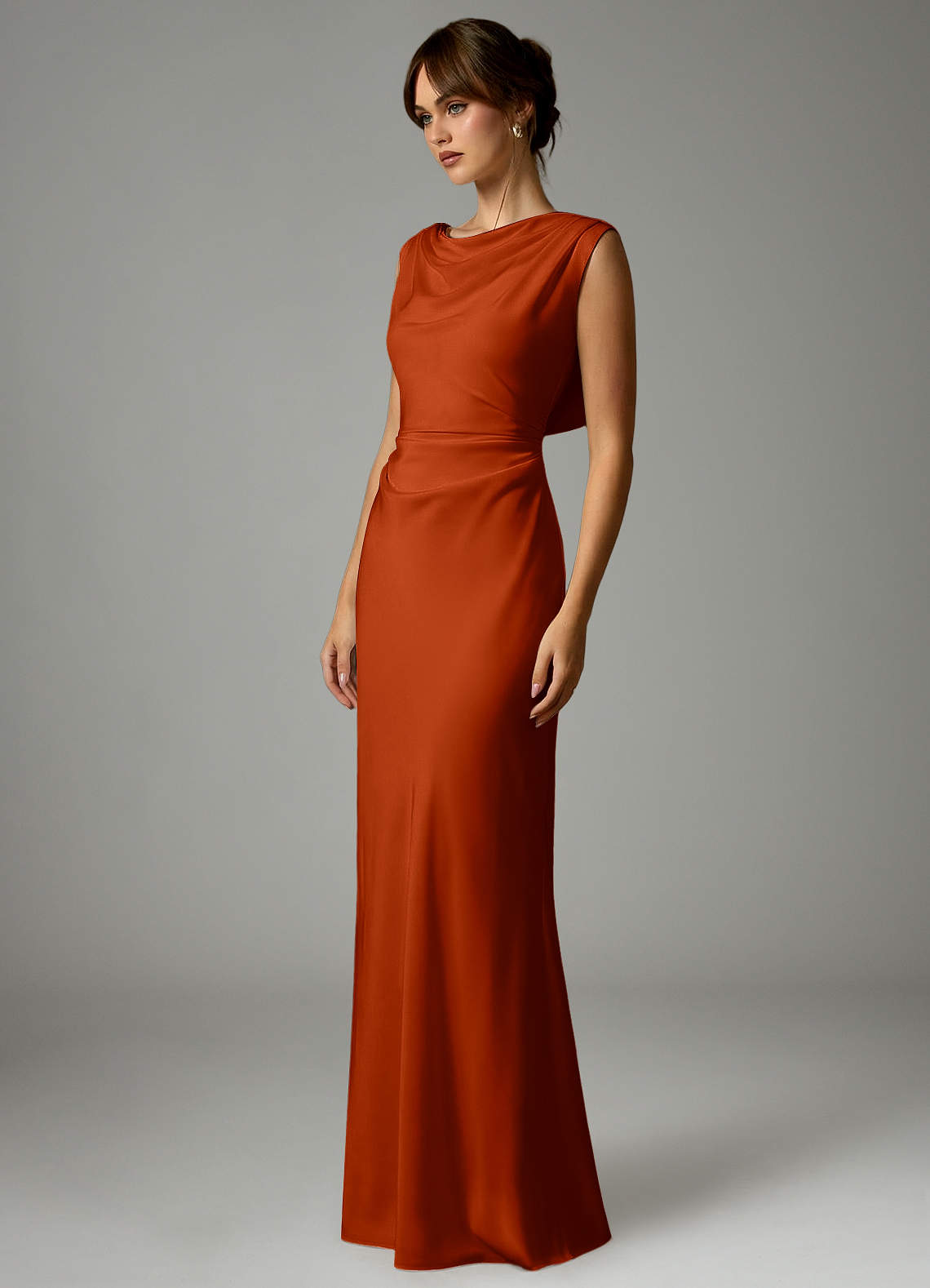Azazie Kieryn Robes de demoiselle d'honneur Robe Sirène en Satin extensible Plissée Paprika image2