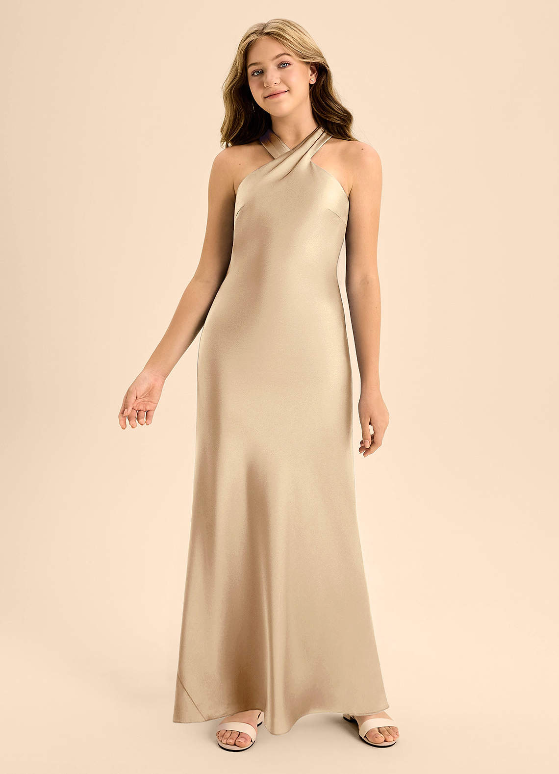 Azazie Doretta Junior Champagne A-Line Pleated Stretch Satin Dress image3