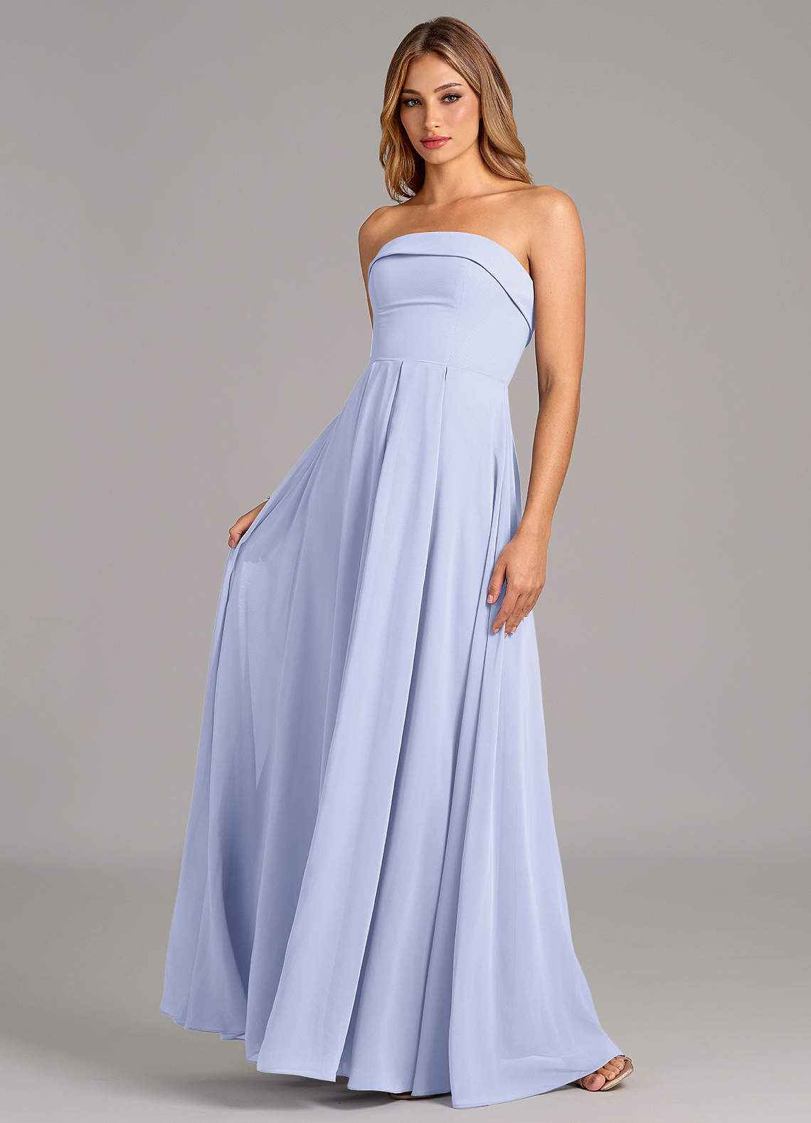 Azazie Lucienne 신부 들러리 드레스 인어 스트랩리스 쉬폰 바닥 길이 드레스 image1