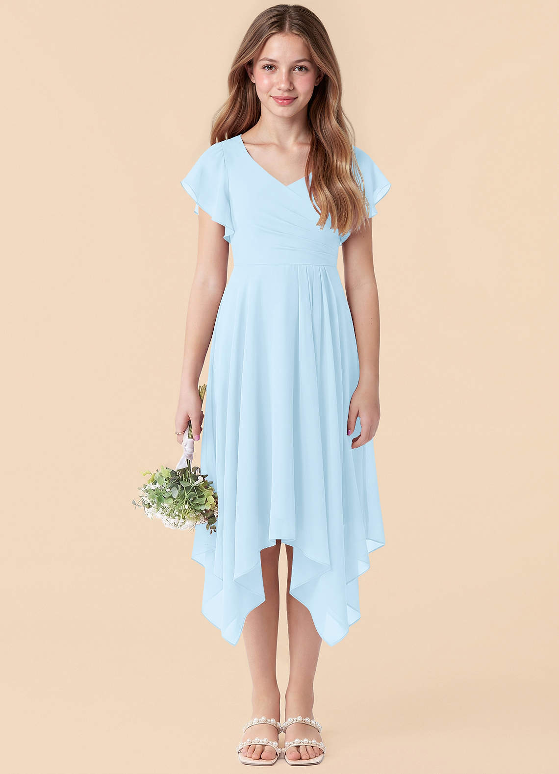 tea length junior bridesmaid dresses Azazie Janeaurelia Chiffon dress Color:Black Leather فستان سهرة Floral V-Neck Navy Maxi Fluffy Junior Bridesmaid Dress