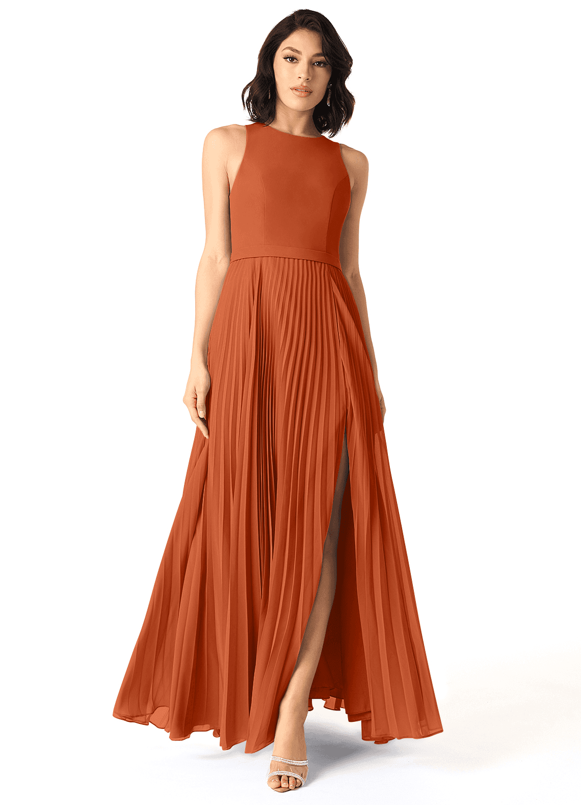 Azazie Lindie Vestidos de damas de honor Vestido de Naranja Quemada de Gasa de Corte en A con Cuello en V plisado image1