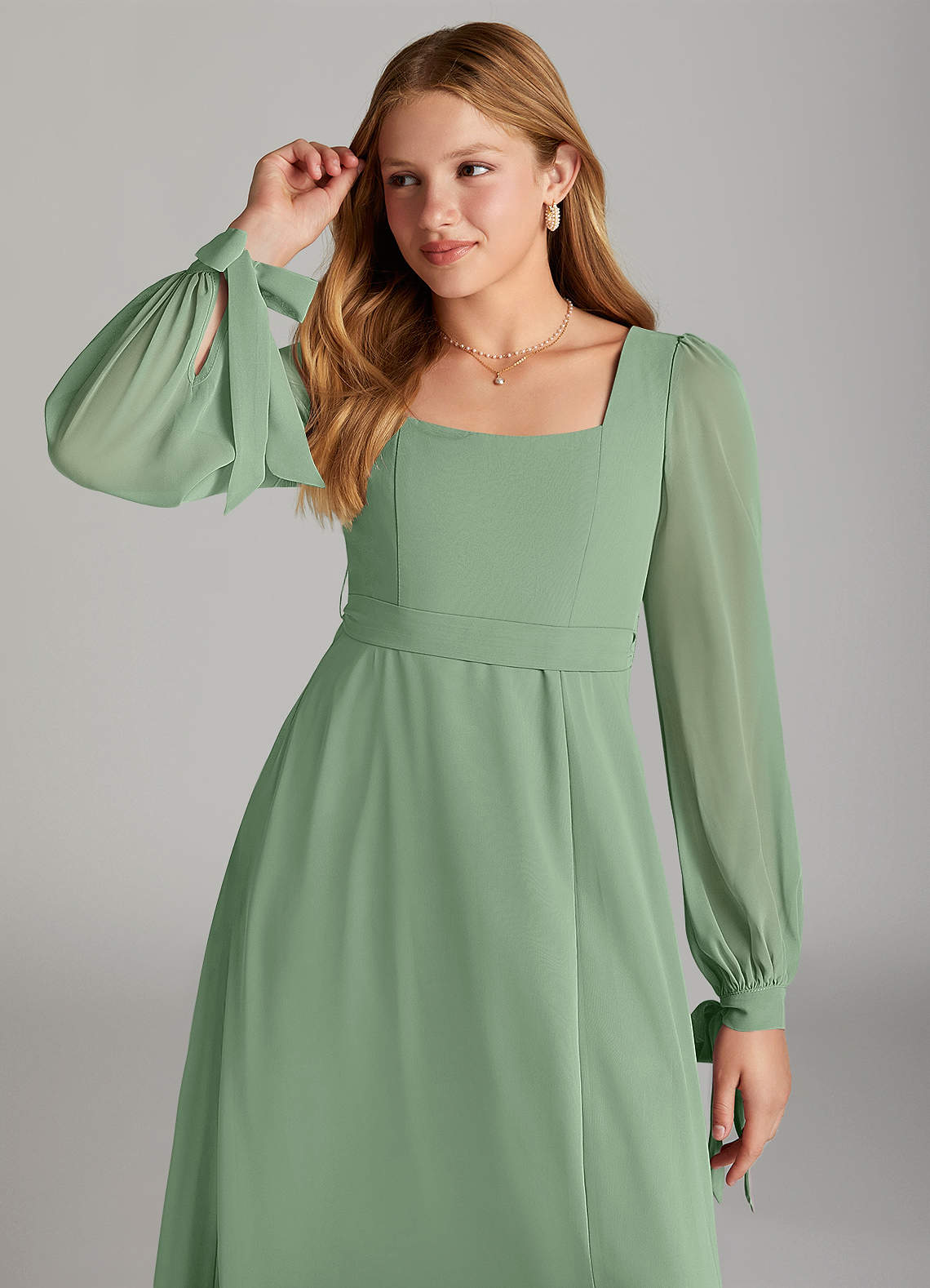 Azazie Leonia Junior Matcha A-Line with Pockets Chiffon Dress image4