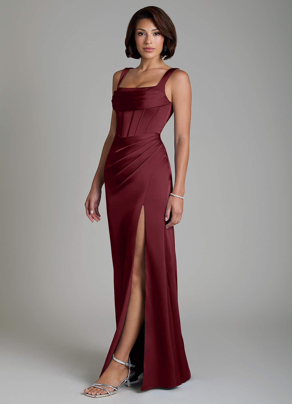 Azazie Amora At-home Try On Dresses Cabernet Mermaid Corset Stretch Satin Dress image5
