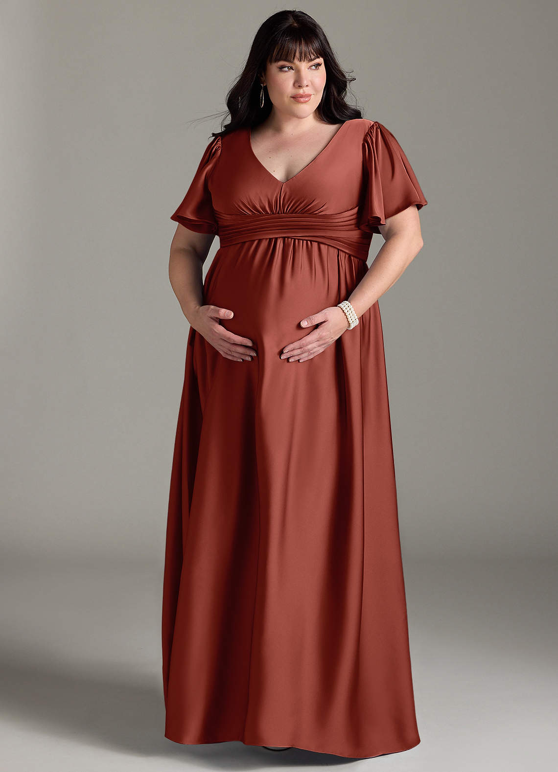 Azazie Verna vestidos de dama de honor de maternidad Vestido de Corte En A Volante Hasta el suelo Satén Elástico image12