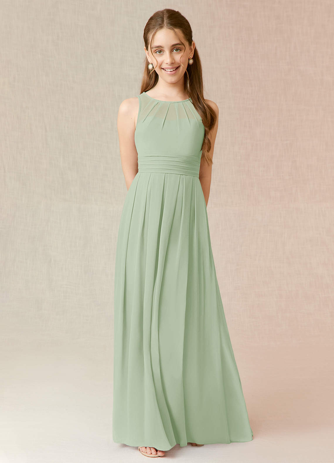 Azazie Bibiane Junior Dusty Sage A-Line Pleated Chiffon Dress image1