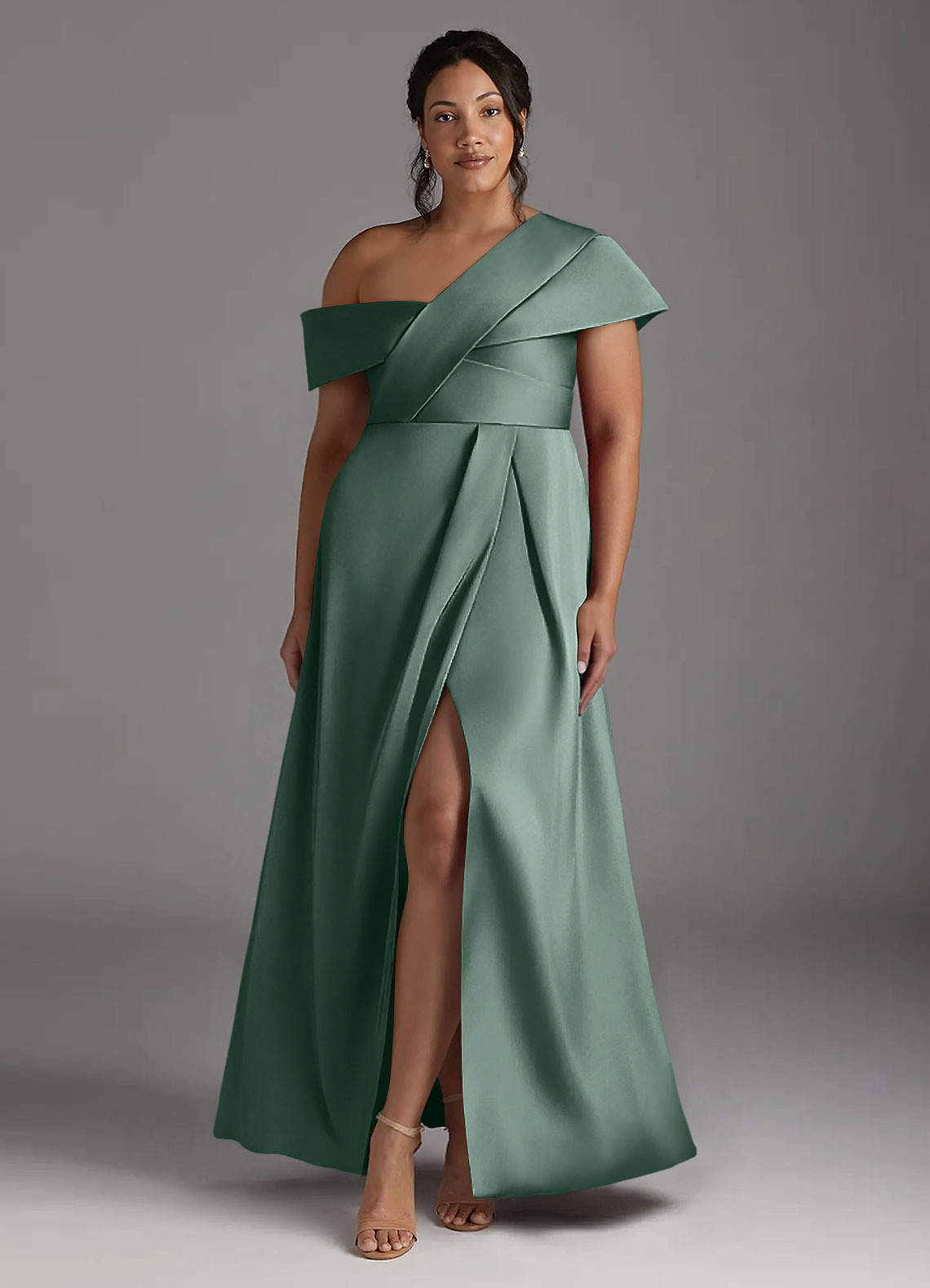 Azazie Milton Vestidos para mãe da noiva Vestir Eucalipto de Cetim elástico de Linha A com Plissado image8