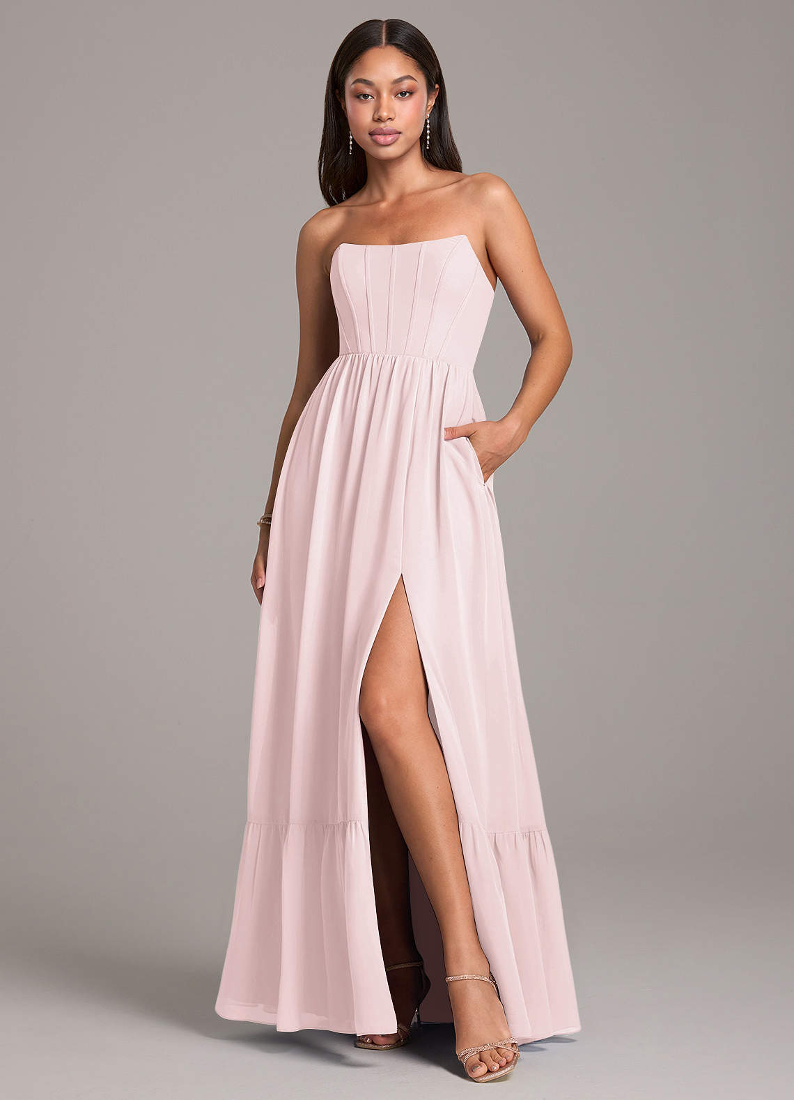Azazie Kailee Bridesmaid Dresses Blushing Pink A-Line with Pockets Chiffon Dress image1