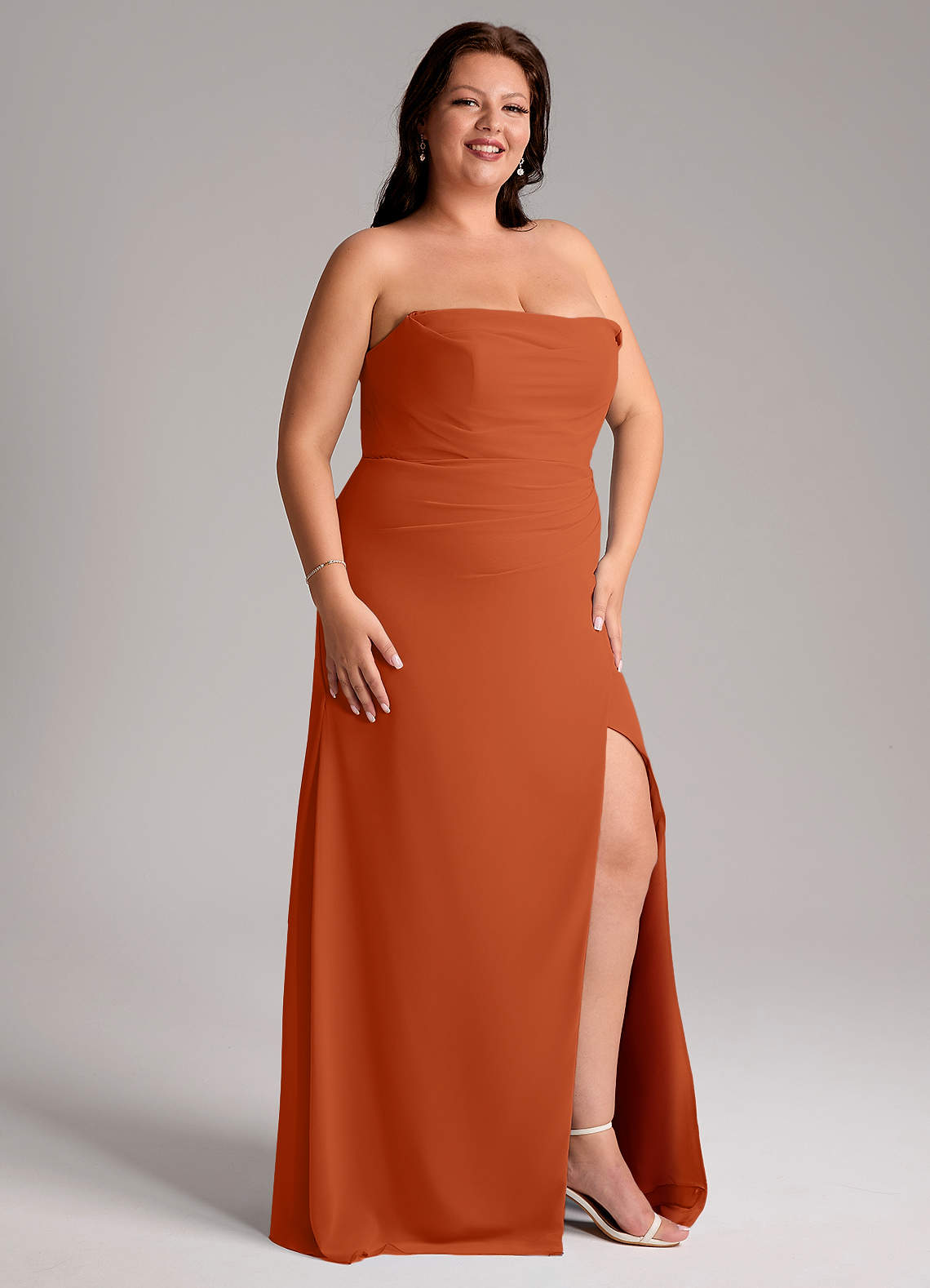 Azazie Leonis Vestidos de madrinha de casamento Vestido Laranja Queimada de Chiffon de Bainha com Sem alças image13