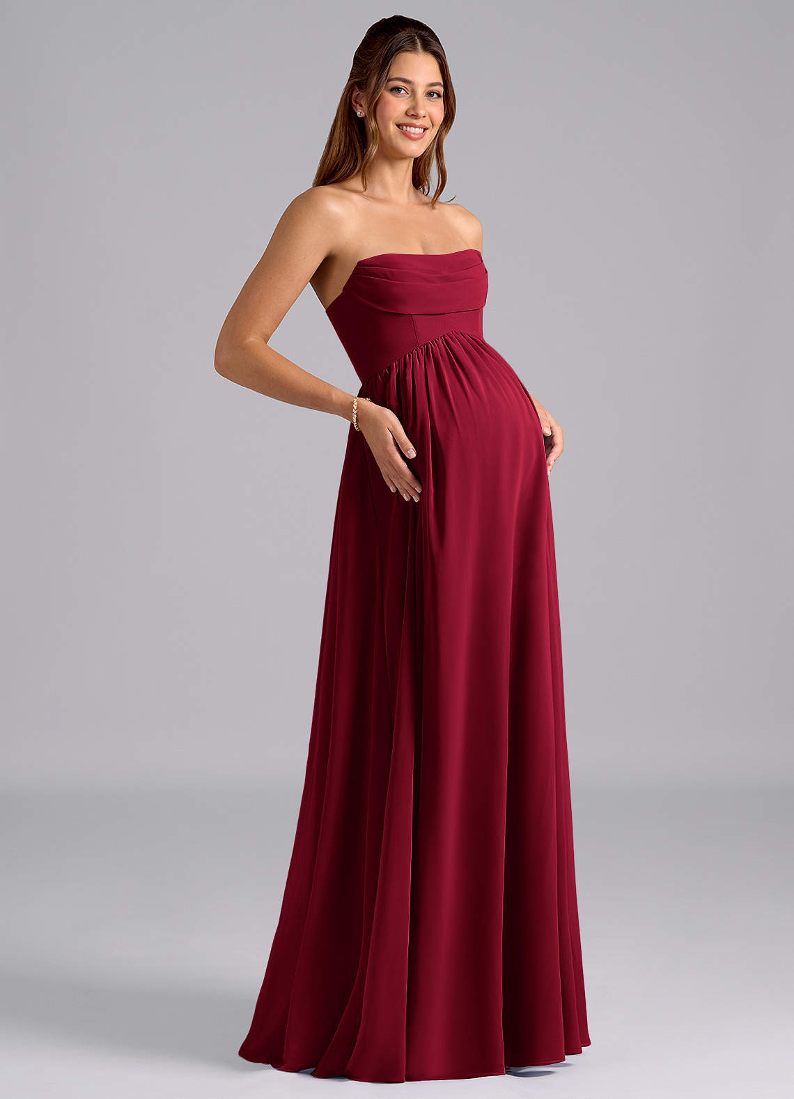 Azazie Saige At-home Try On Dresses A-Line Pleated Chiffon Floor-Length Dress image7