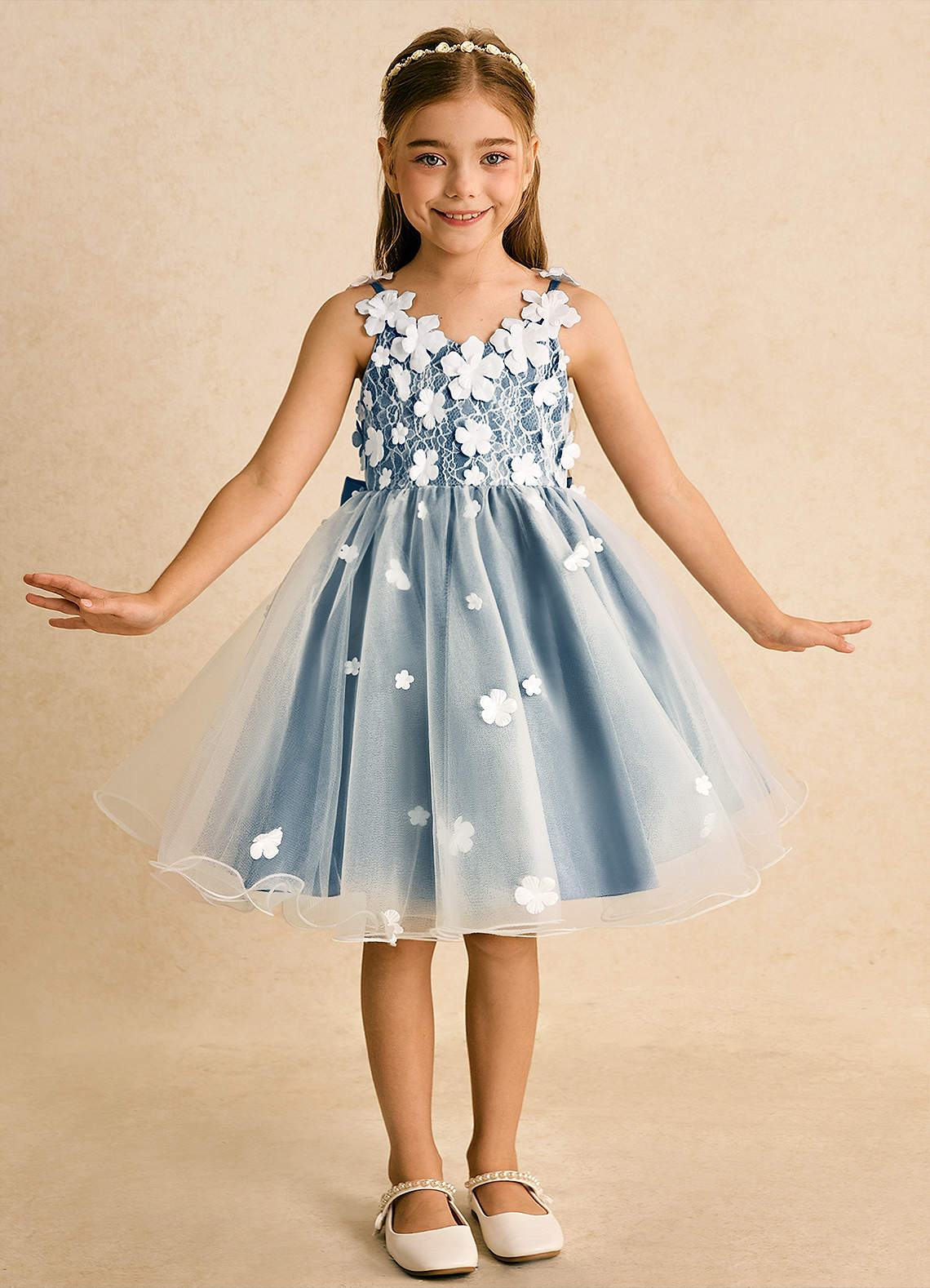 Azazie Junebug Blumenmädchenkleider Ballkleid Spitze Tüll Kleid Elfenbein Bermudablau image2