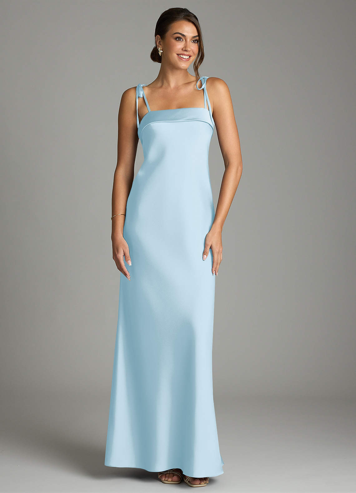 sky blue and silver bridesmaid dresses Azazie Ellia shoulder maxi dress
