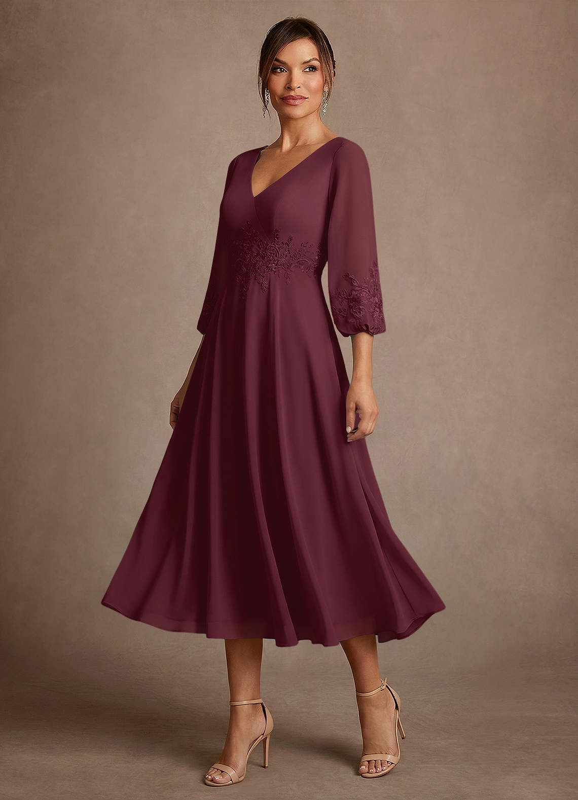 Azazie Ana Vestidos para mãe da noiva Vestido Cabernet de Chiffon de Linha A com Renda image3