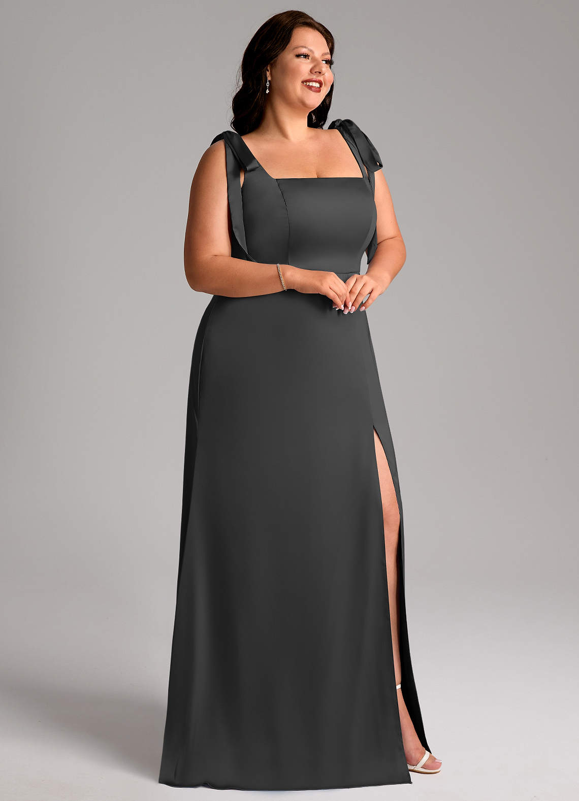 Azazie Frostine Bridesmaid Dresses Black A-Line Bow Stretch Satin Dress image10