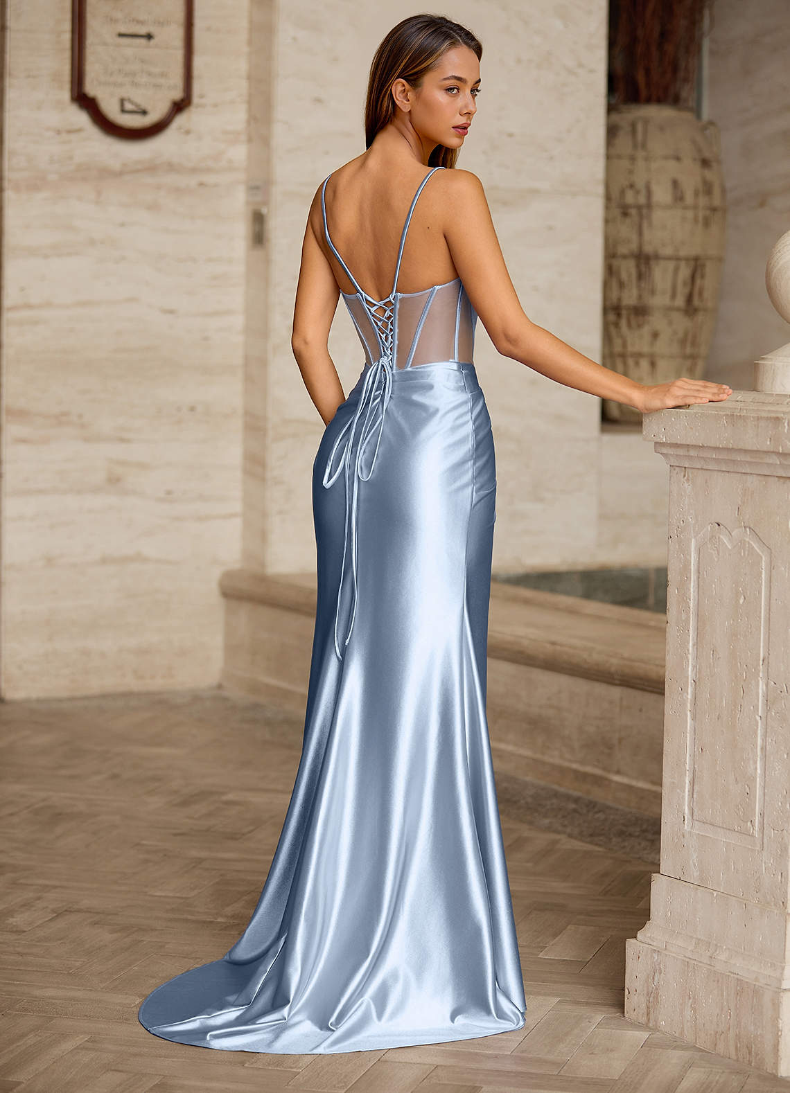 dusty blue prom dress Long Beaded with Sheer Corset Dusty Blue / 3XLarge Ball gown with fitted bodice and full pleated skirt Neckline Sheer-Bodice Long Dusty Blue Prom